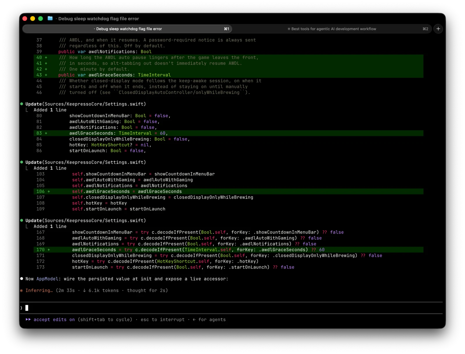 Claude Code running in a terminal, streaming a diff as it edits a Swift settings file, with two session tabs at the top: one debugging Keepresso and one drafting this post