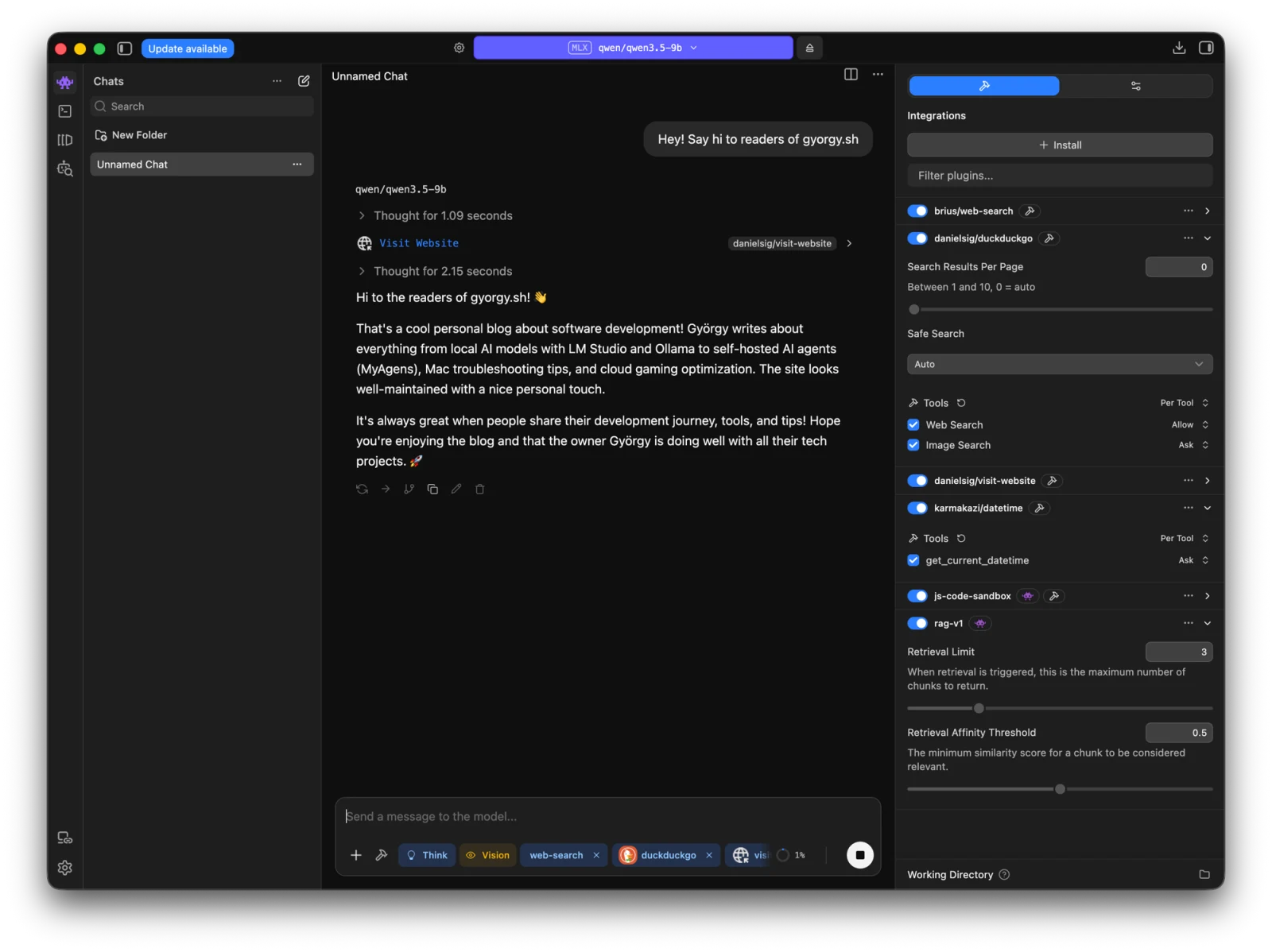 LM Studio running the qwen3.5-9b model locally, answering a chat prompt, with the integrations and tools panel and a loaded local server on the right