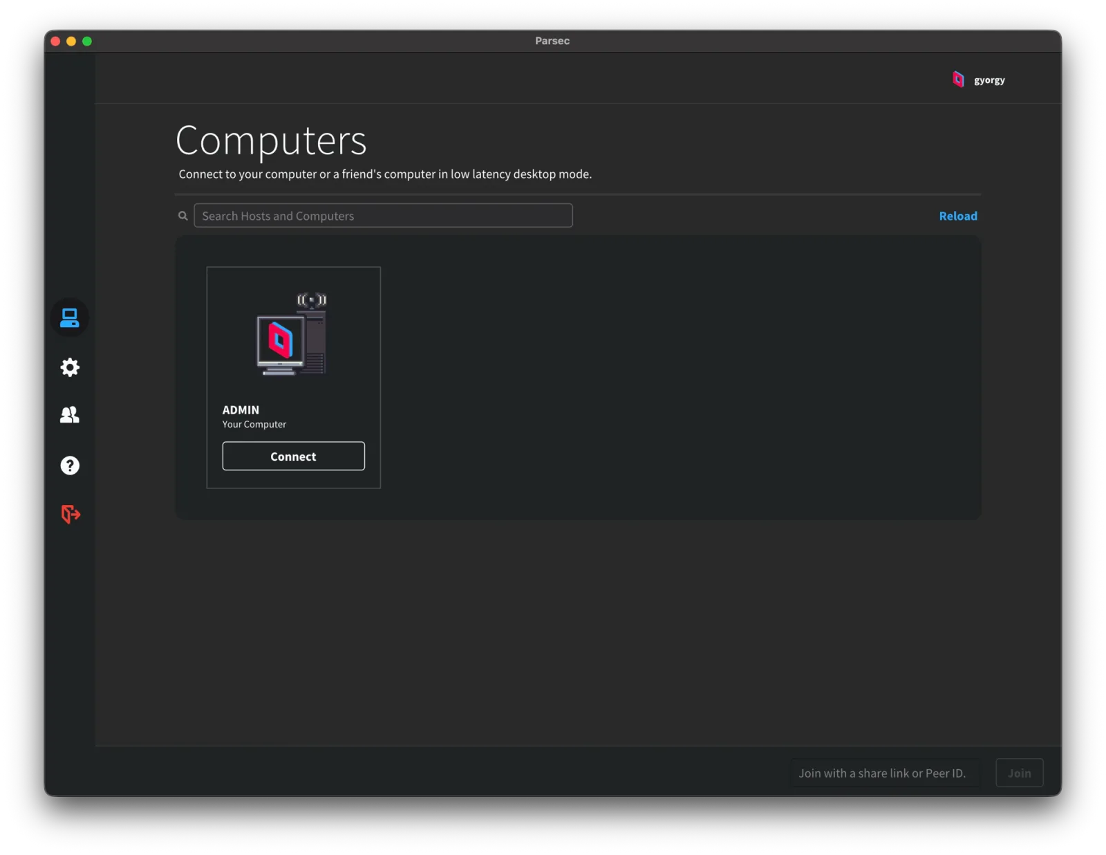 The Parsec app on macOS: a Computers screen listing one host, ADMIN Your Computer, with a Connect button