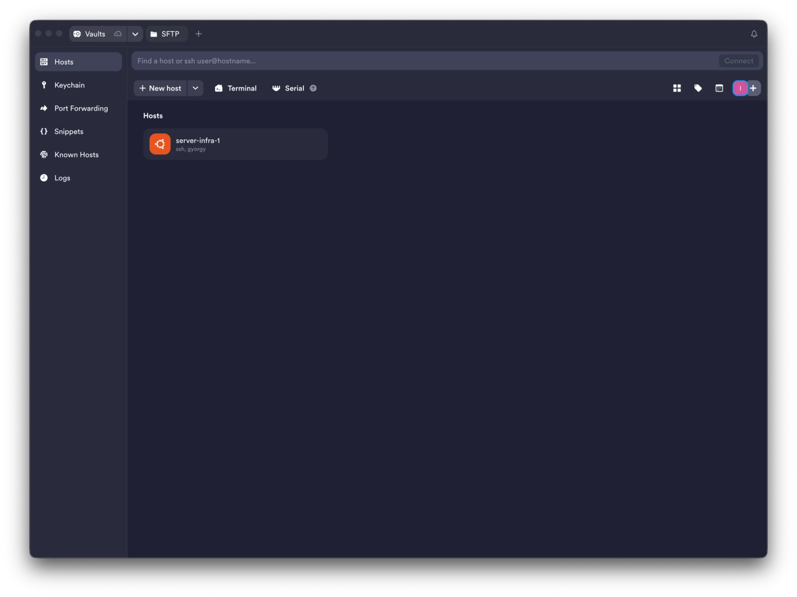 The Termius app on macOS: a Hosts list with a saved SSH host called server-infra-1, and a sidebar with Keychain, Port Forwarding, Snippets, Known Hosts, and Logs