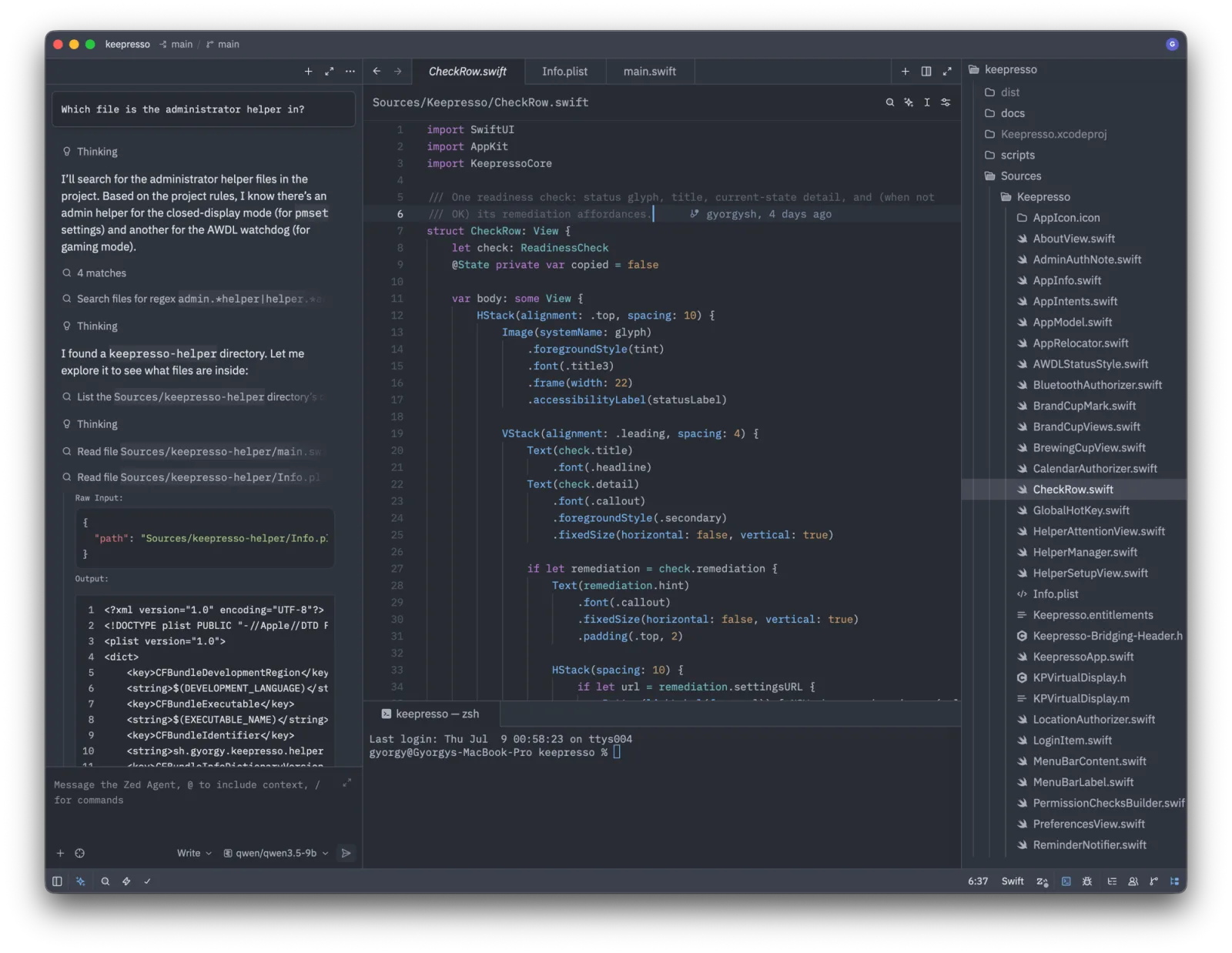 The Zed editor on macOS editing a Swift file in the Keepresso project: an AI agent panel on the left running a local qwen 3.5 9b model, inline git blame in the gutter, a built-in terminal at the bottom, and the file tree on the right