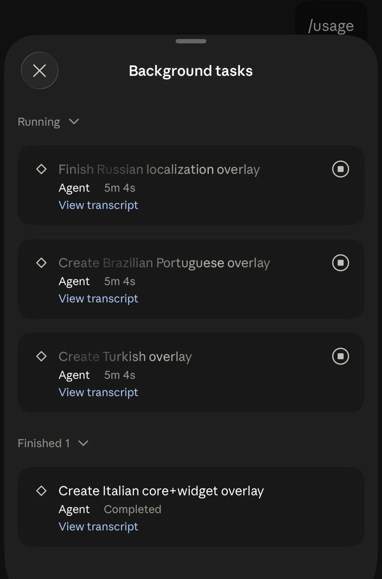 The Claude app on iPhone showing background tasks: agents for the Russian localization overlay, Brazilian Portuguese overlay, and Turkish overlay running in parallel, with the Italian core and widget overlay already completed