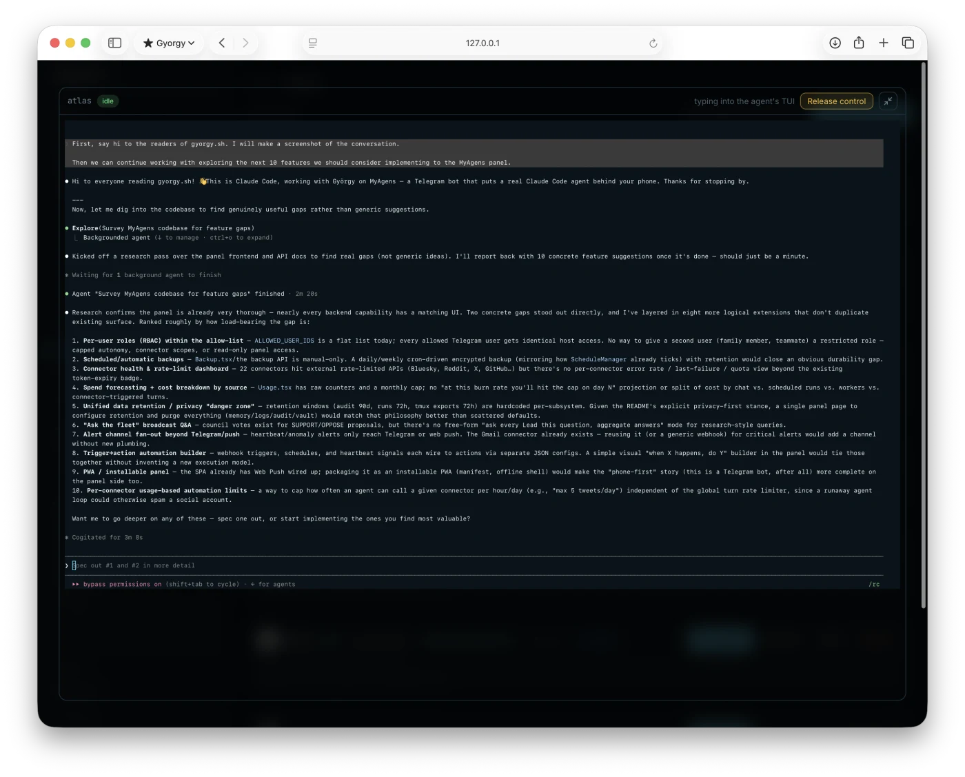 The MyAgens panel showing the Atlas agent's live terminal: a Claude Code session greeting gyorgy.sh readers, then surveying the MyAgens panel for feature gaps, with a Release control button and a bypass permissions status line