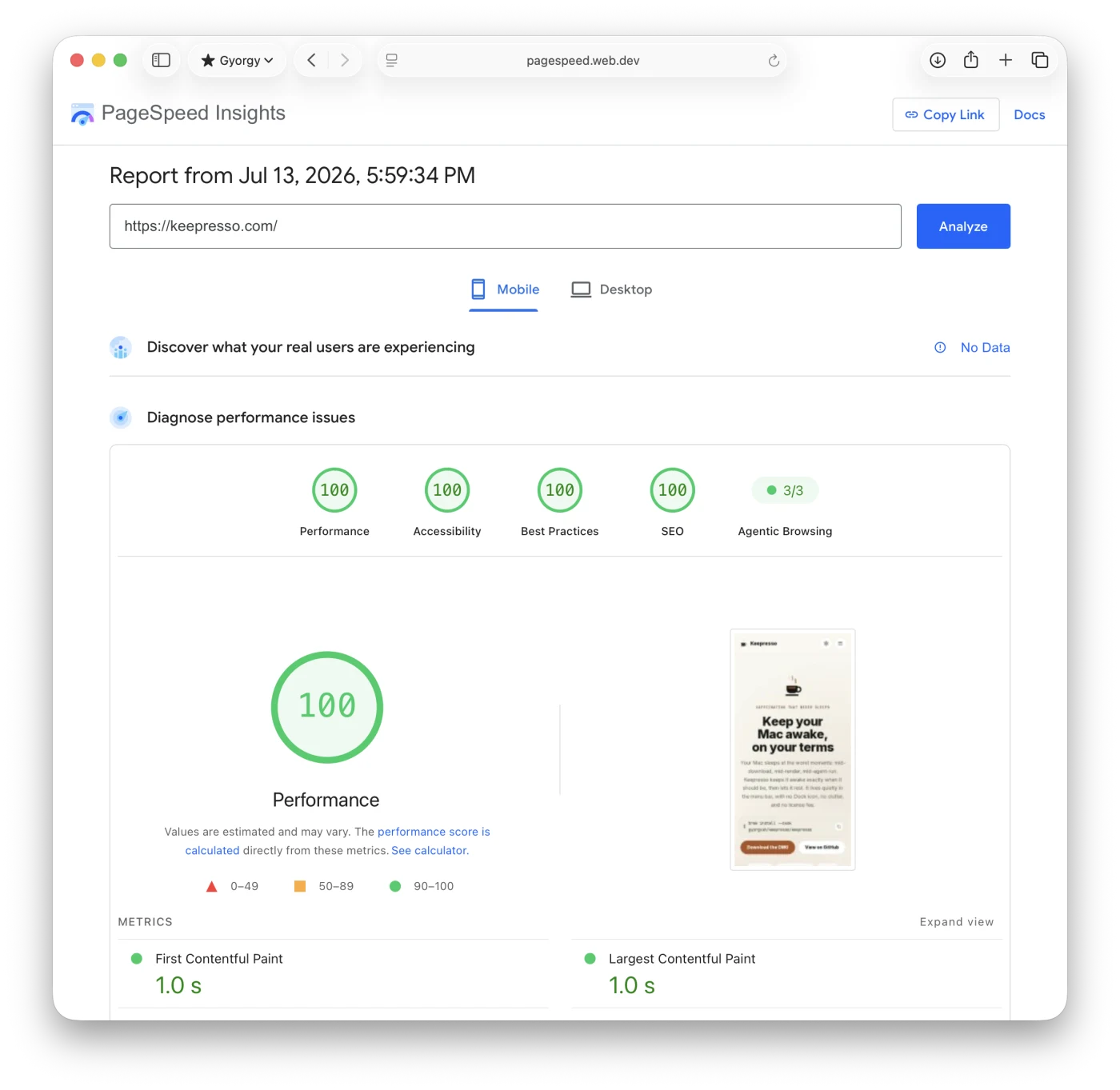 PageSpeed Insights mobile report for keepresso.com showing 100 for Performance, Accessibility, Best Practices, and SEO, plus Agentic Browsing 3/3, with First and Largest Contentful Paint both at 1.0 seconds