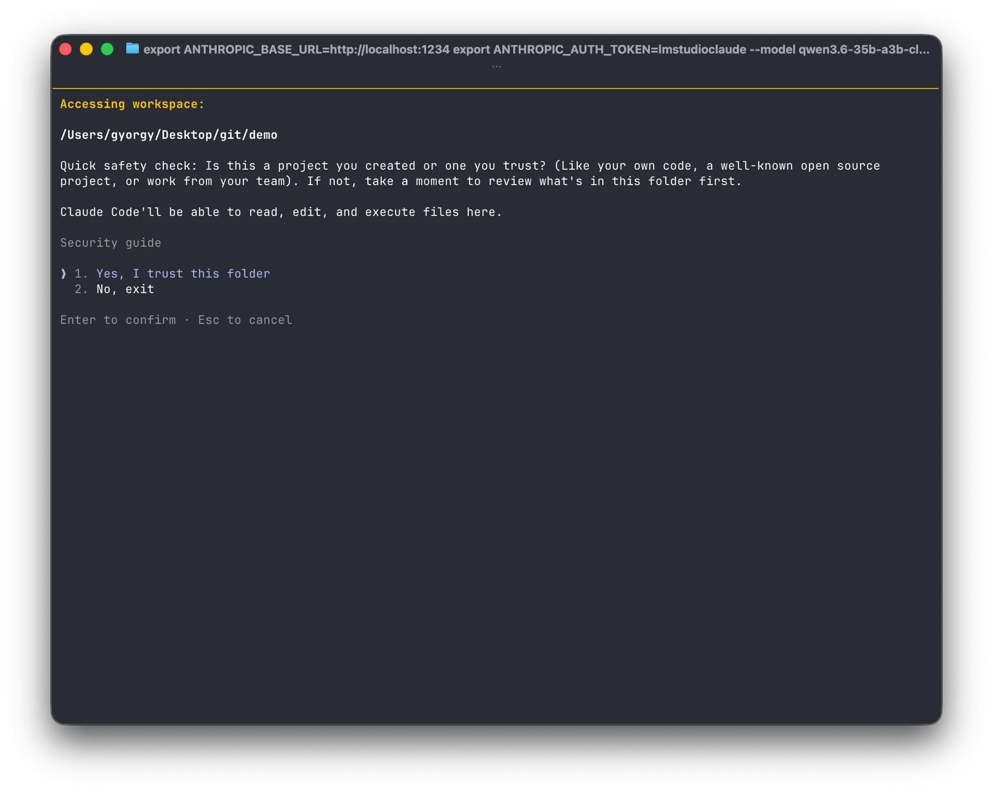 A terminal starting Claude Code with the ANTHROPIC_BASE_URL and ANTHROPIC_AUTH_TOKEN exports visible in the window title, showing the usual workspace trust prompt