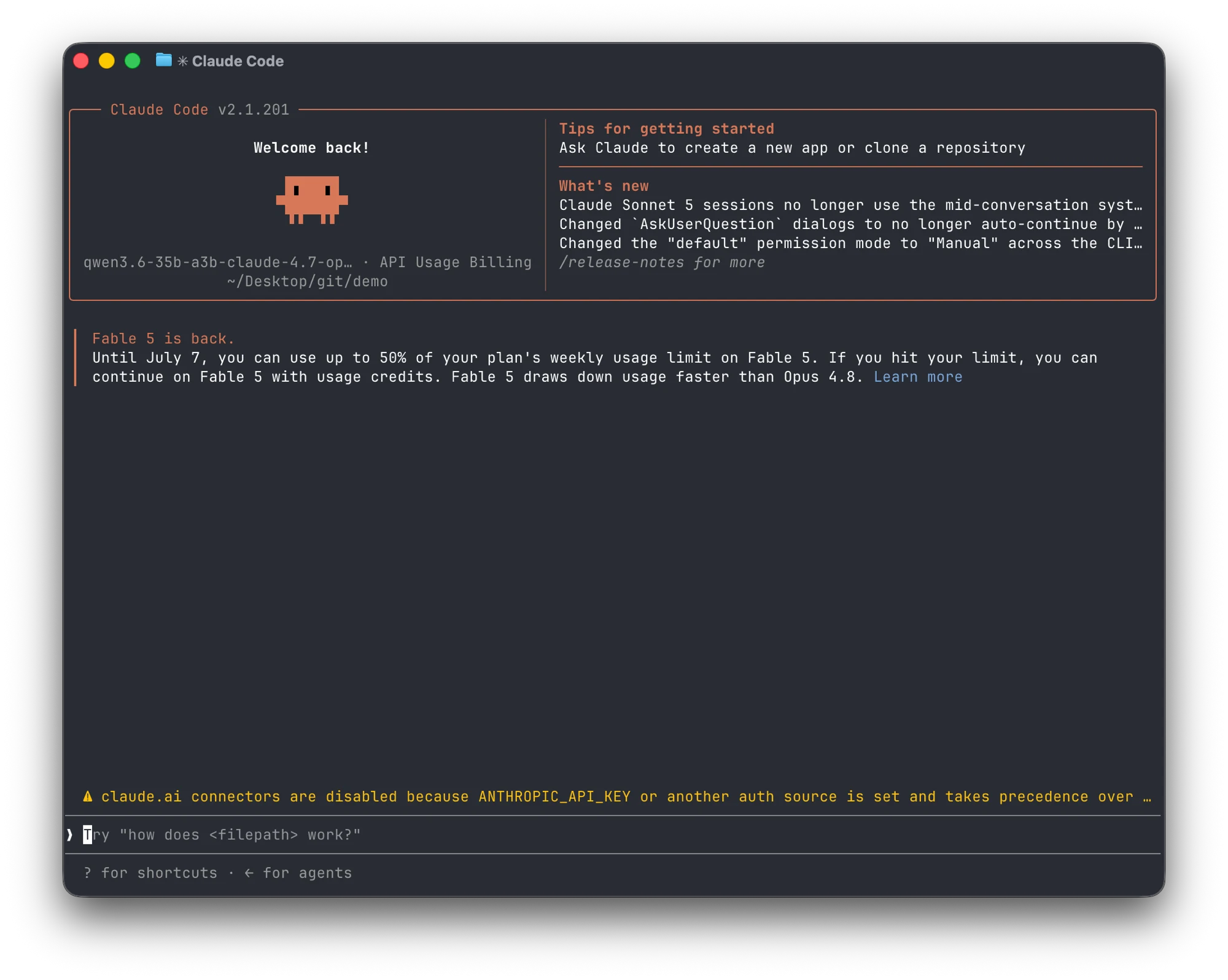The Claude Code welcome screen running against LM Studio, showing the local qwen3.6-35b model name in the banner and a notice that claude.ai connectors are disabled because another auth source is set