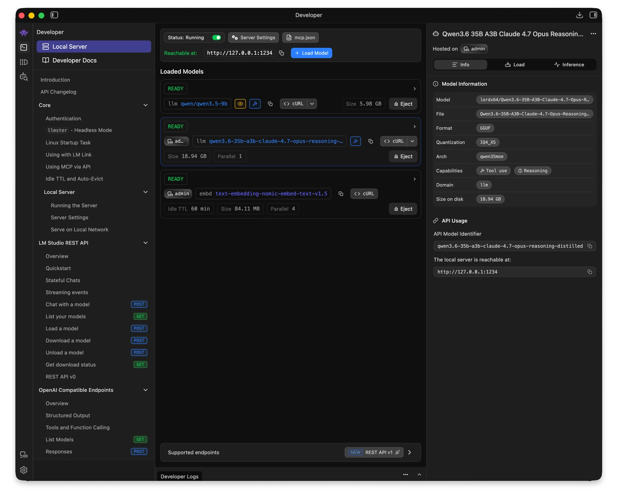 LM Studio Developer view: local server running at http://127.0.0.1:1234 with three loaded models (a 9B Qwen, the 35B Claude-distilled Qwen, and the Nomic Embed v1.5 embedding model), and the model card showing Tool use and Reasoning capabilities