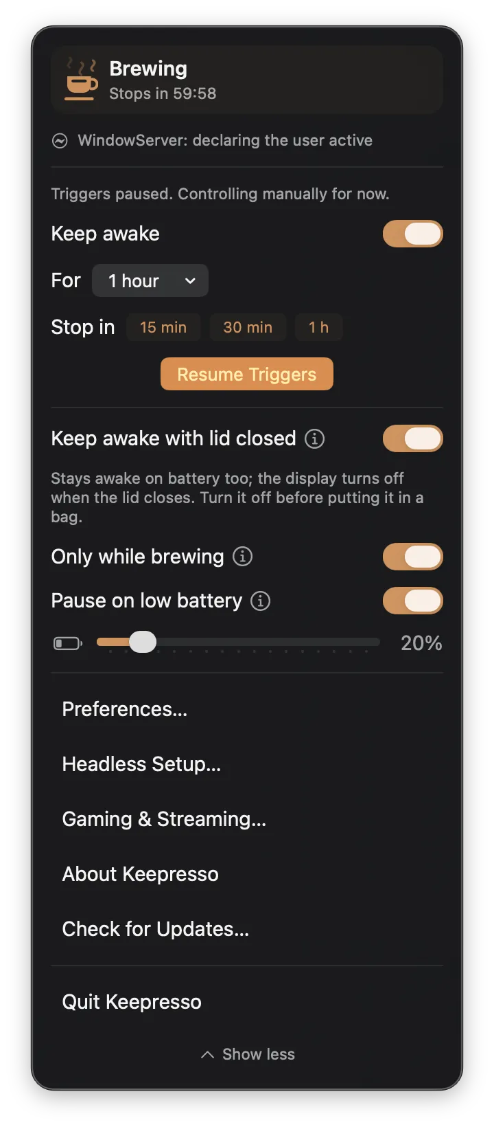 Keepresso menu-bar panel during a timed session: Brewing, stops in 59:53, with a live countdown next to the cup in the menu bar