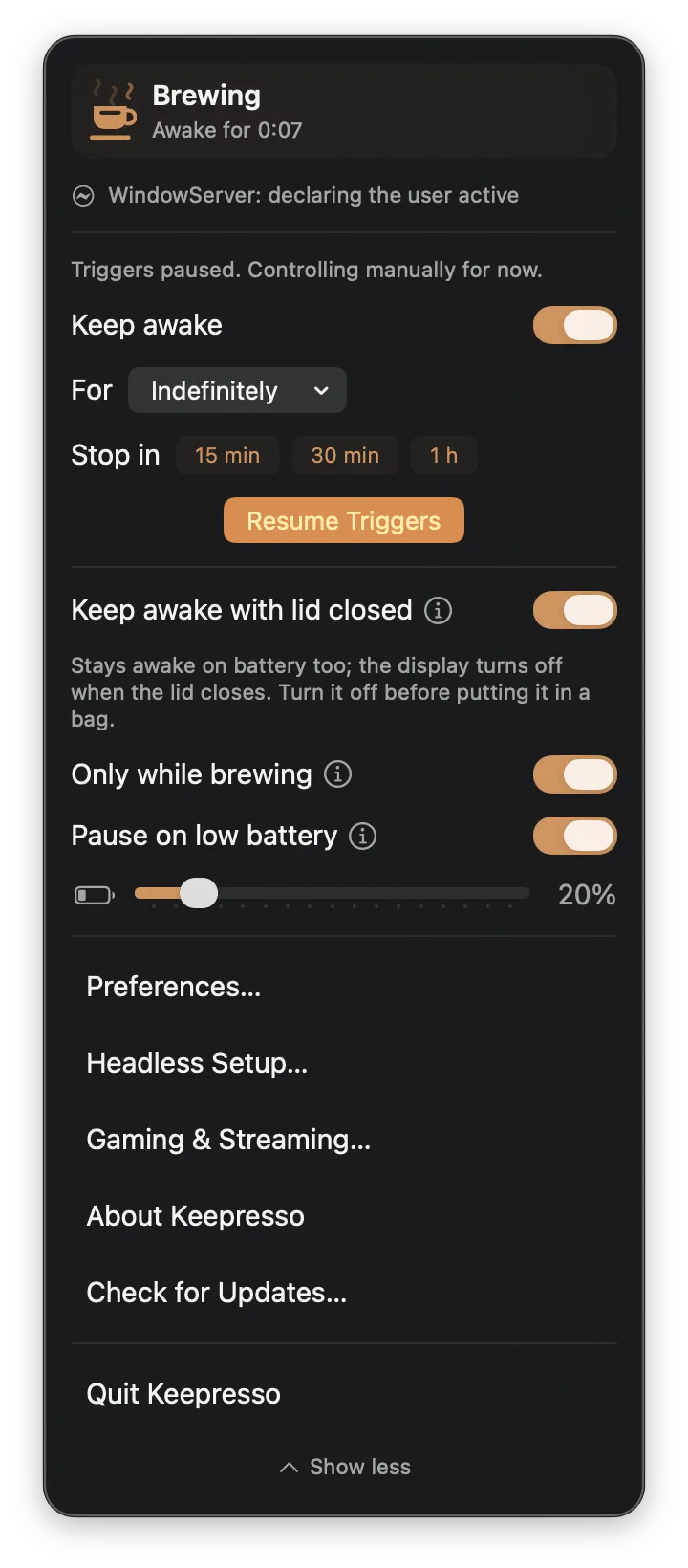 Keepresso menu-bar panel while idle: a Keep awake toggle with a duration picker, and a Keep awake with lid closed toggle switched on