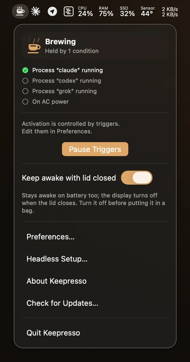 The Keepresso menu-bar panel held awake by a trigger, showing that the running claude process is keeping the Mac awake, with a Pause Triggers button