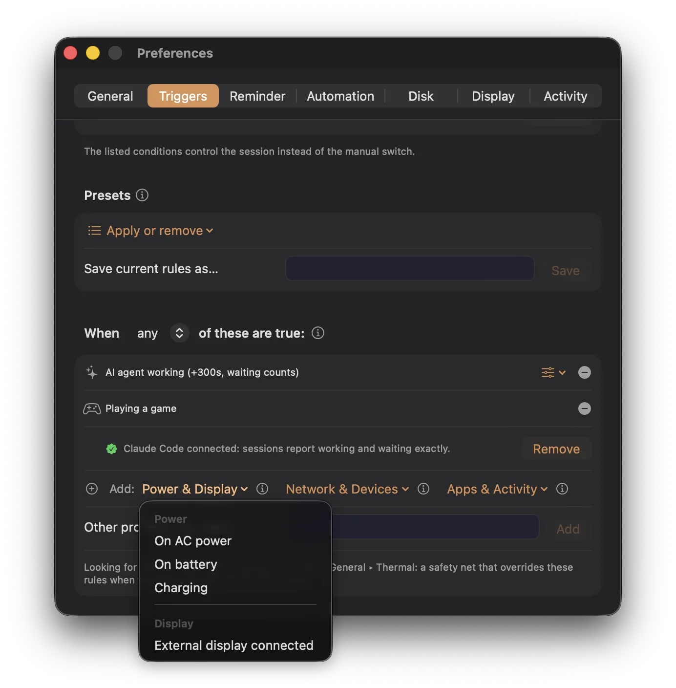 Keepresso Add condition menu open in Triggers preferences, showing Power conditions (on AC power, on battery, charging) and a Display condition for an external display connected