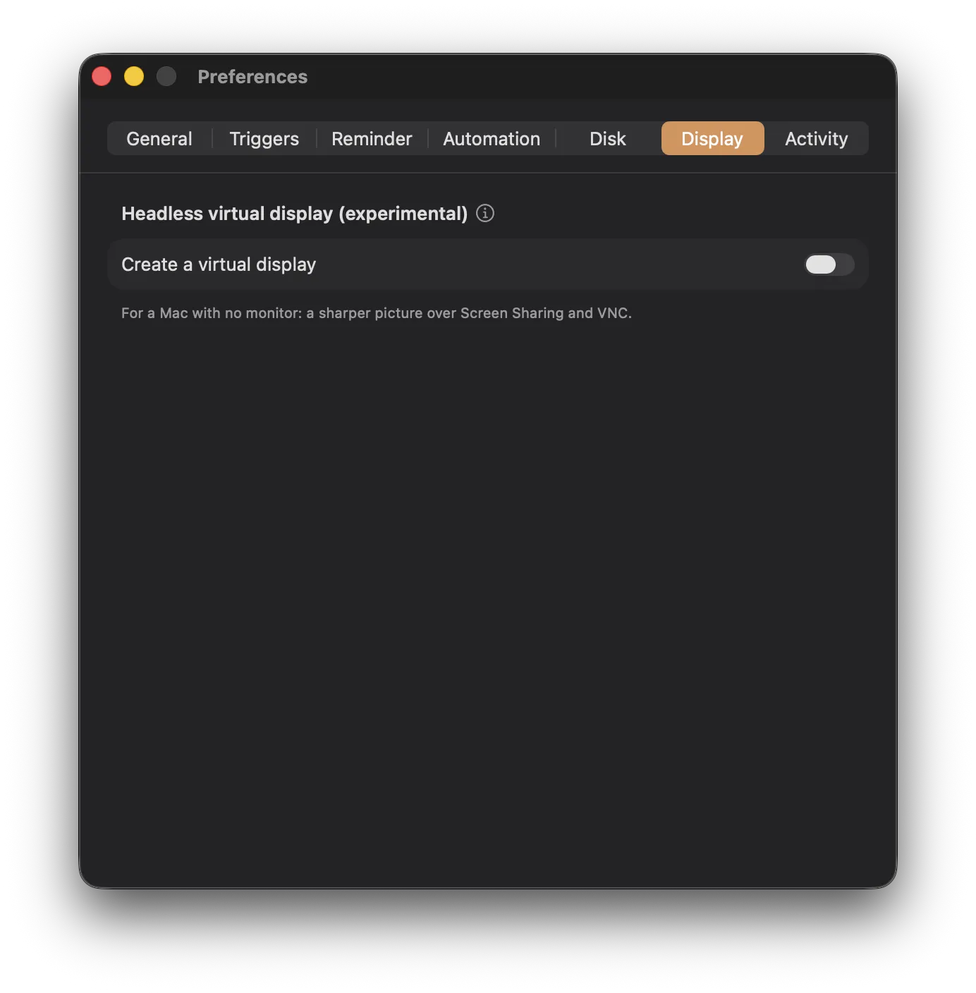 Keepresso Display preferences: an experimental Create a virtual display toggle for headless Macs