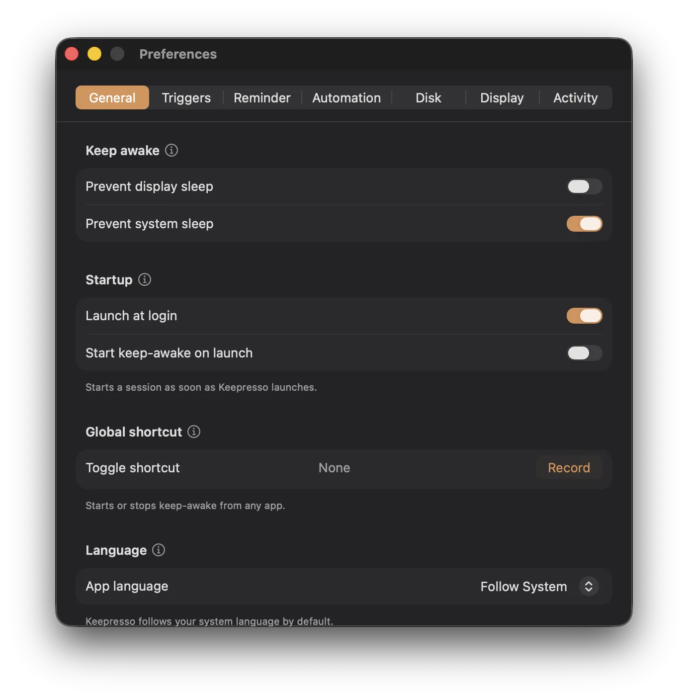 Keepresso General preferences: Prevent display sleep and Prevent system sleep toggles, a Keep me active toggle with its description, a menu-bar countdown toggle, and pause on low battery below 20%