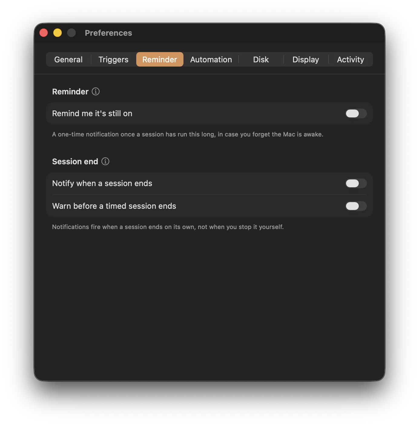 Keepresso Reminder preferences: a Remind me it's still on toggle for a one-time still-awake notification, and a Session end section with Notify when a session ends and an On session end action menu that can sleep the display or start the screen saver