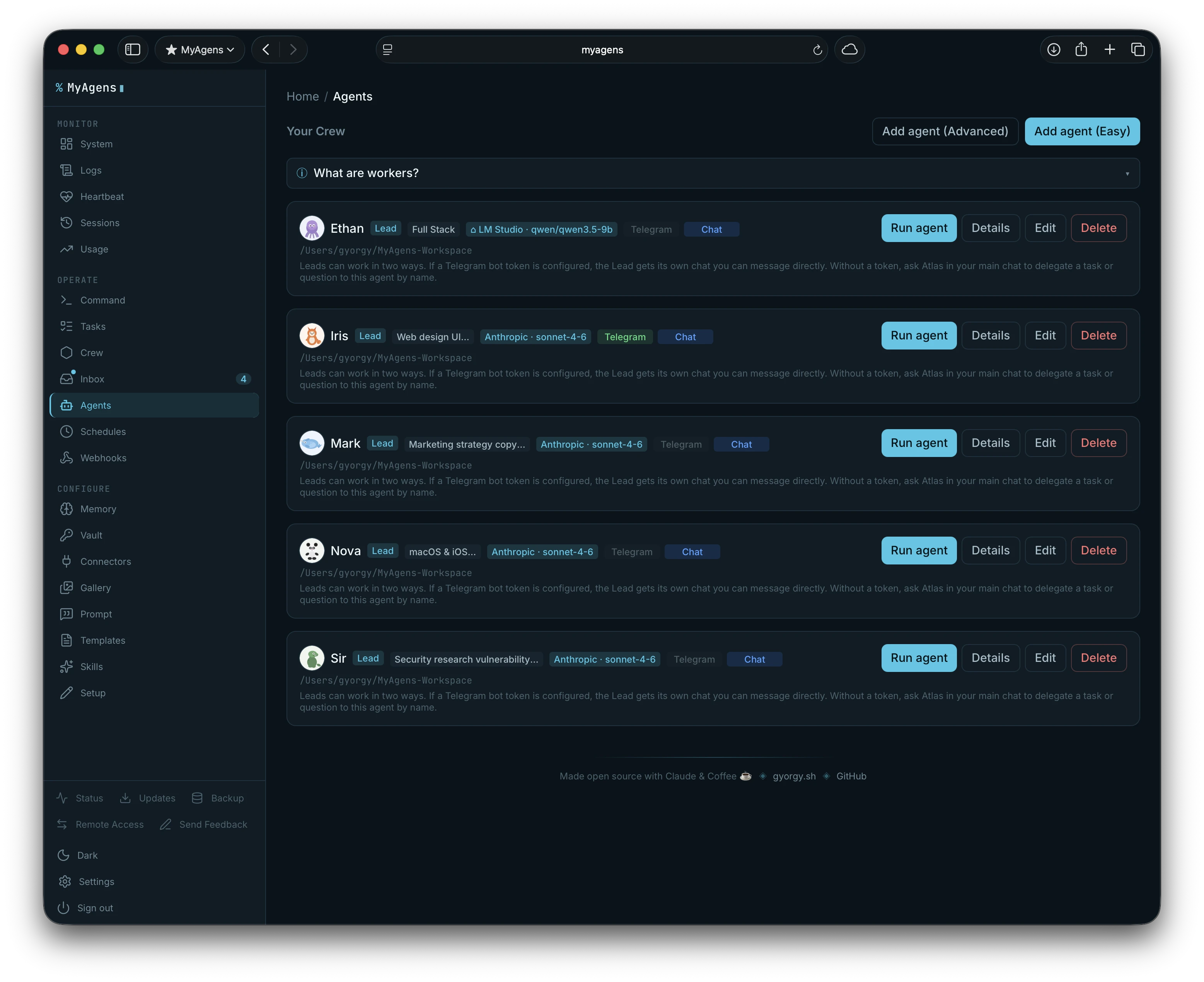 The Agents panel listing each Lead with its model, Telegram and web-chat badges, and Run, Details, Edit, and Delete actions