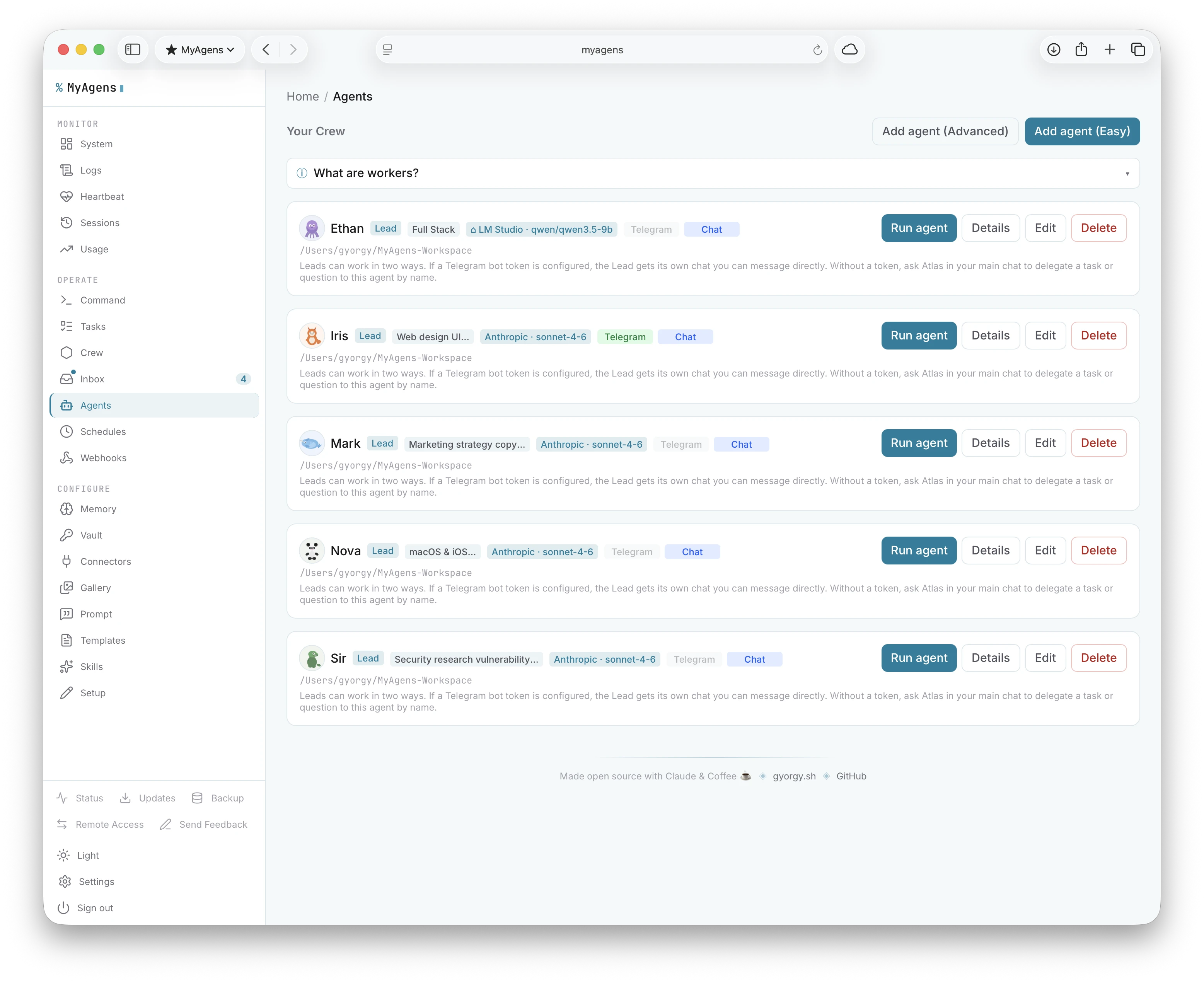 The Agents panel listing each Lead with its model, Telegram and web-chat badges, and Run, Details, Edit, and Delete actions