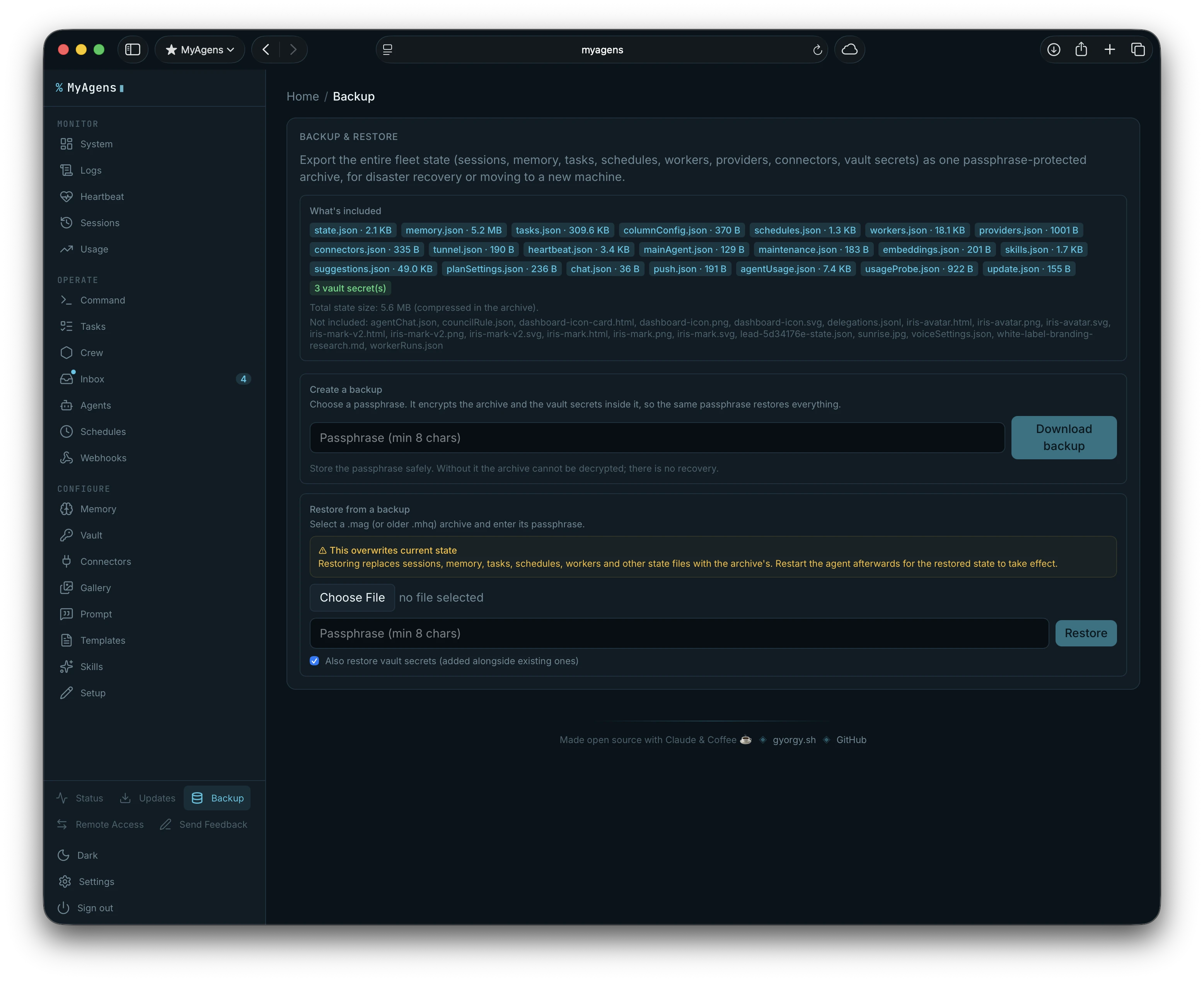 The Backup and Restore panel listing every piece of fleet state included in a single passphrase-protected archive, with create-backup and restore-from-backup flows