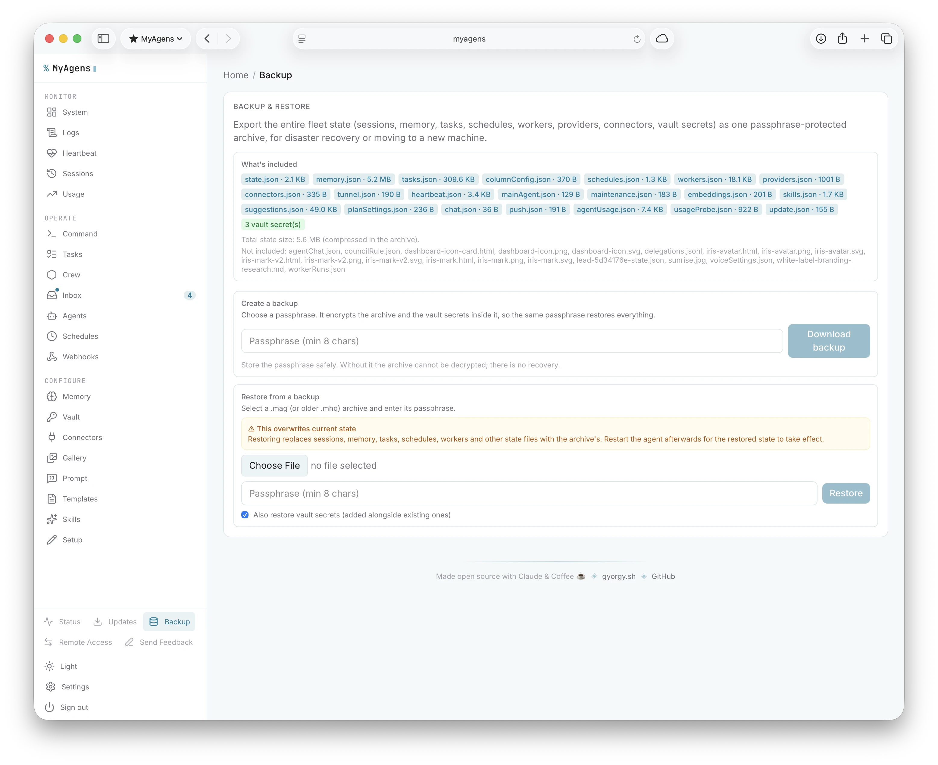 The Backup and Restore panel listing every piece of fleet state included in a single passphrase-protected archive, with create-backup and restore-from-backup flows