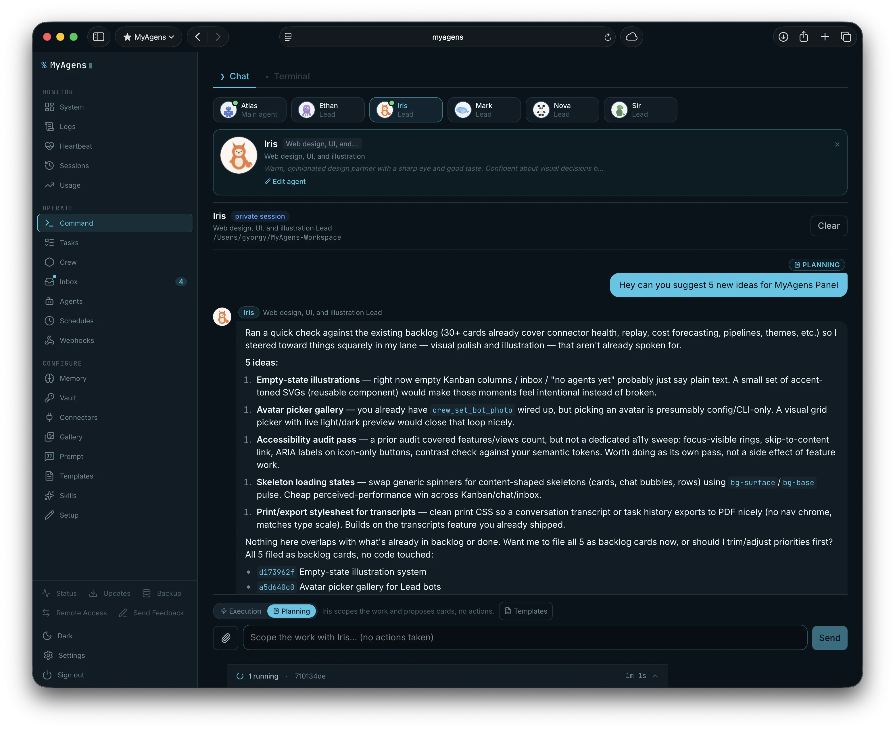 The MyAgens web panel: a sidebar with Monitor, Operate, and Configure sections, a row of agents across the top, and a live chat with a Lead working a task