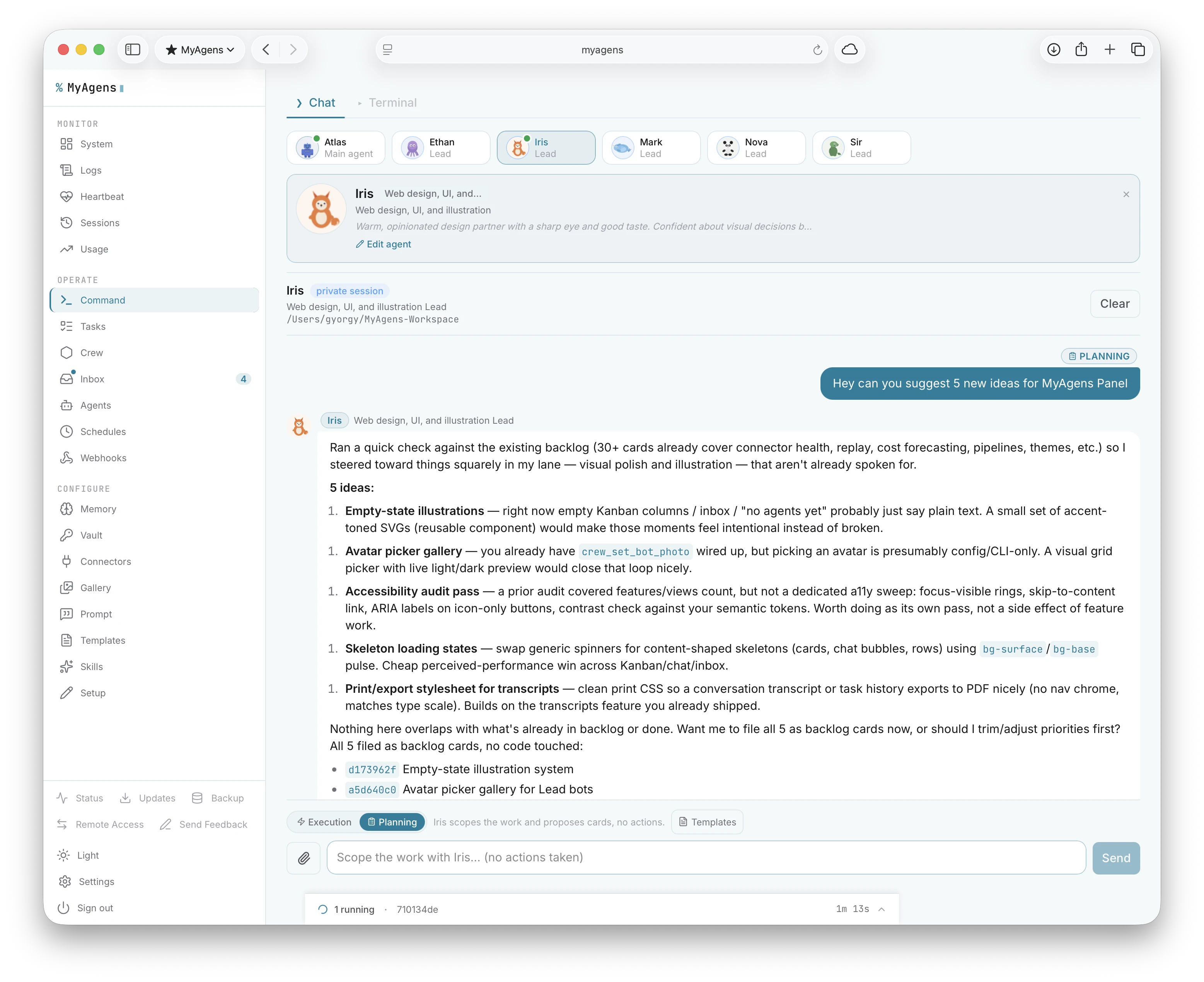 The MyAgens web panel: a sidebar with Monitor, Operate, and Configure sections, a row of agents across the top, and a live chat with a Lead working a task
