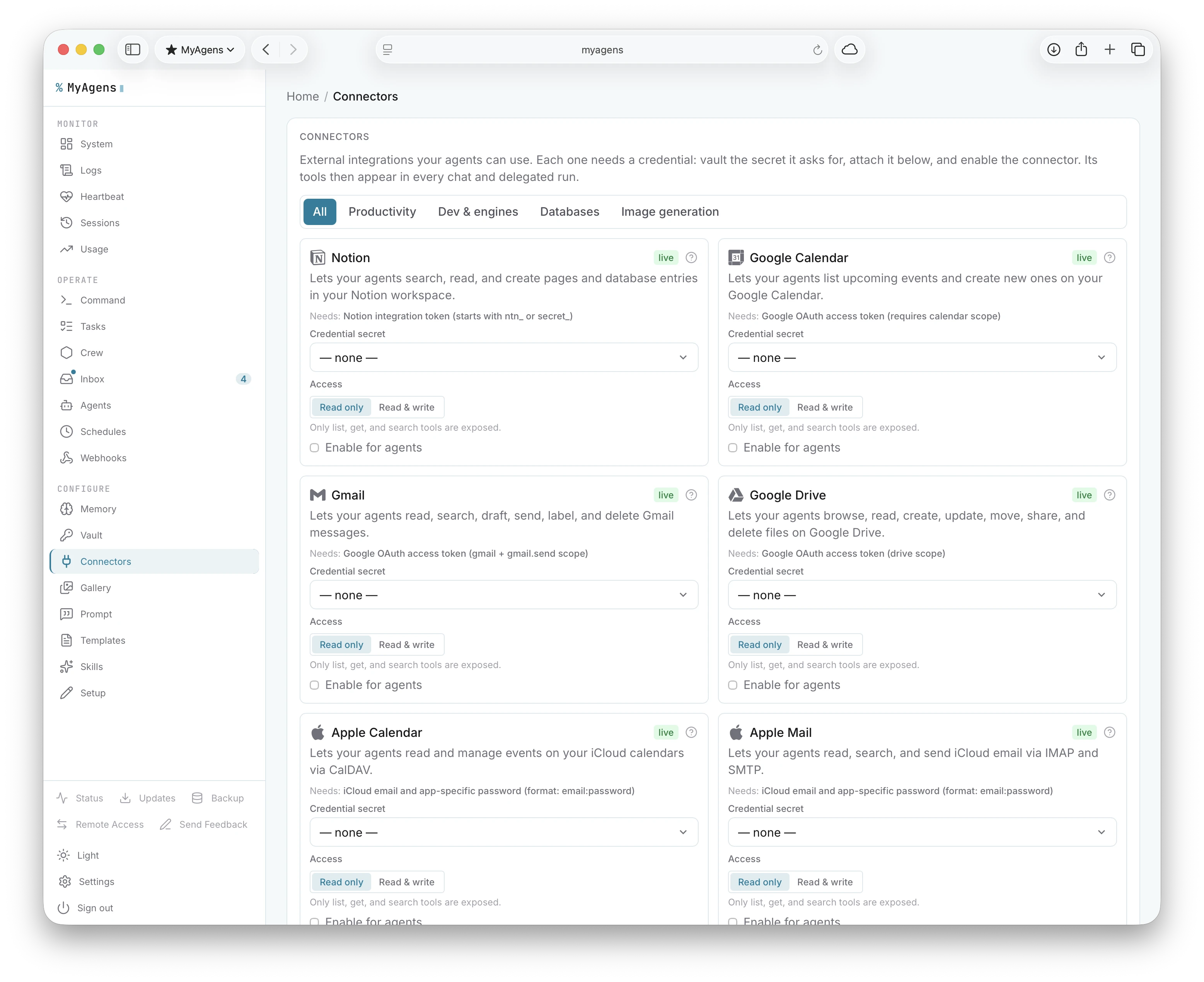 The Connectors panel with Notion, Google Calendar, Gmail, Google Drive, Apple Calendar, and Apple Mail cards, each with a credential picker and a read-only or read-and-write scope toggle