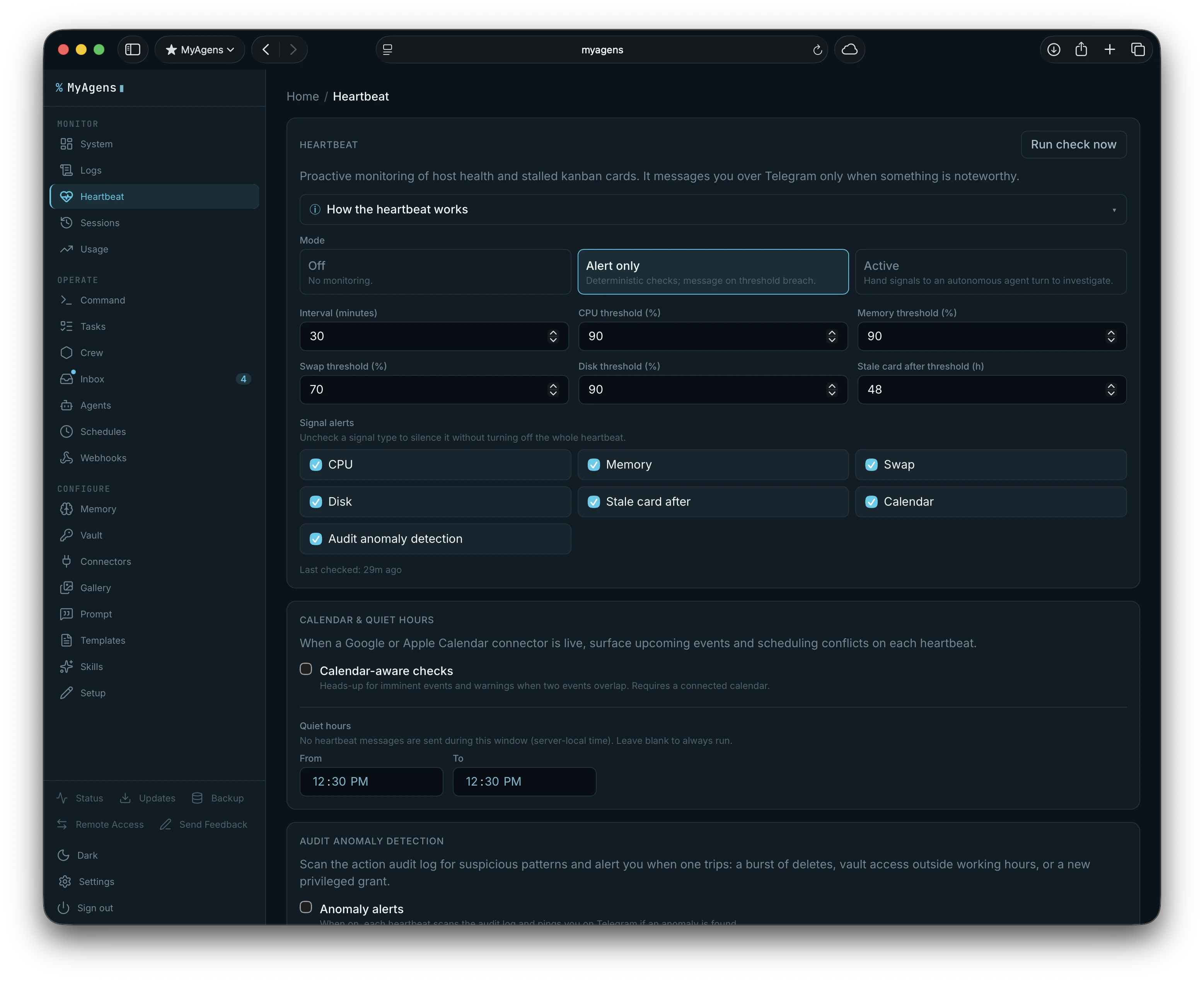 The Heartbeat panel showing monitoring mode, per-signal thresholds, mutable signal alerts, calendar-aware checks, quiet hours, and recent alerts