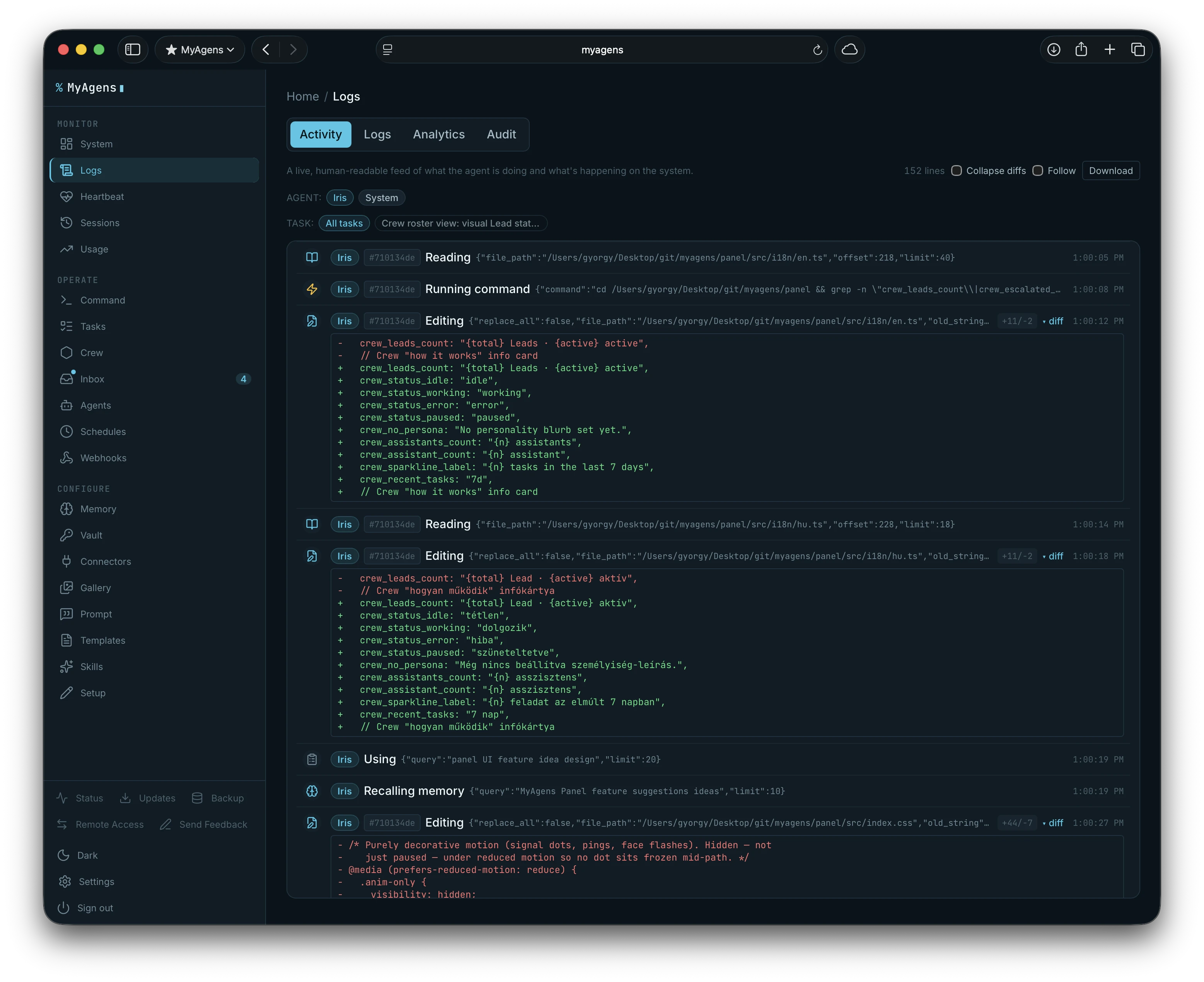 The Logs Activity feed: a live, human-readable stream of what an agent is doing, with per-tool-call file diffs inline