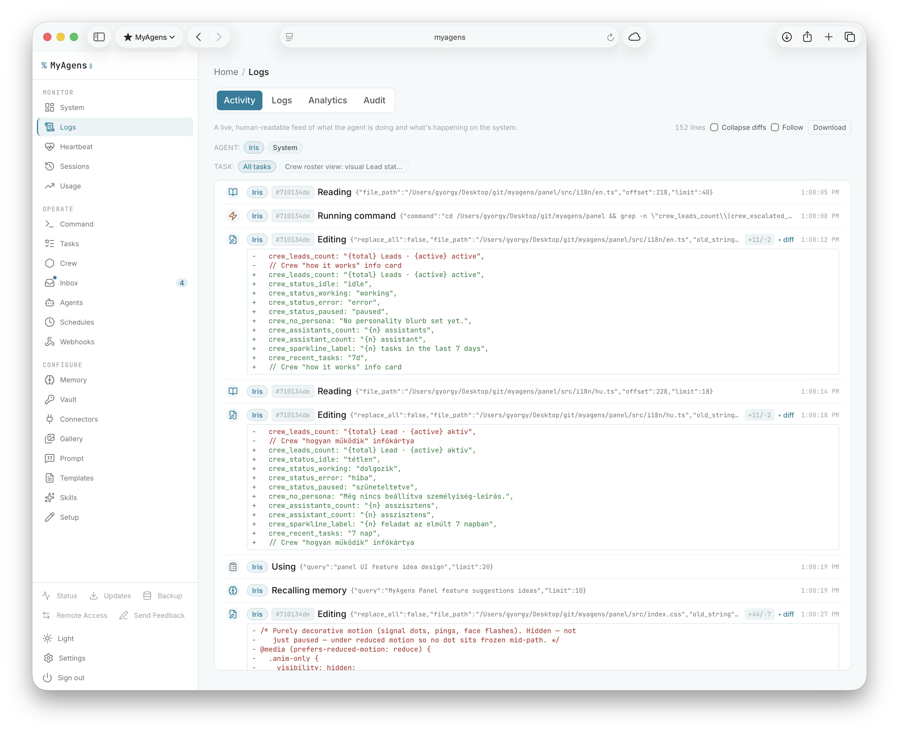 The Logs Activity feed: a live, human-readable stream of what an agent is doing, with per-tool-call file diffs inline