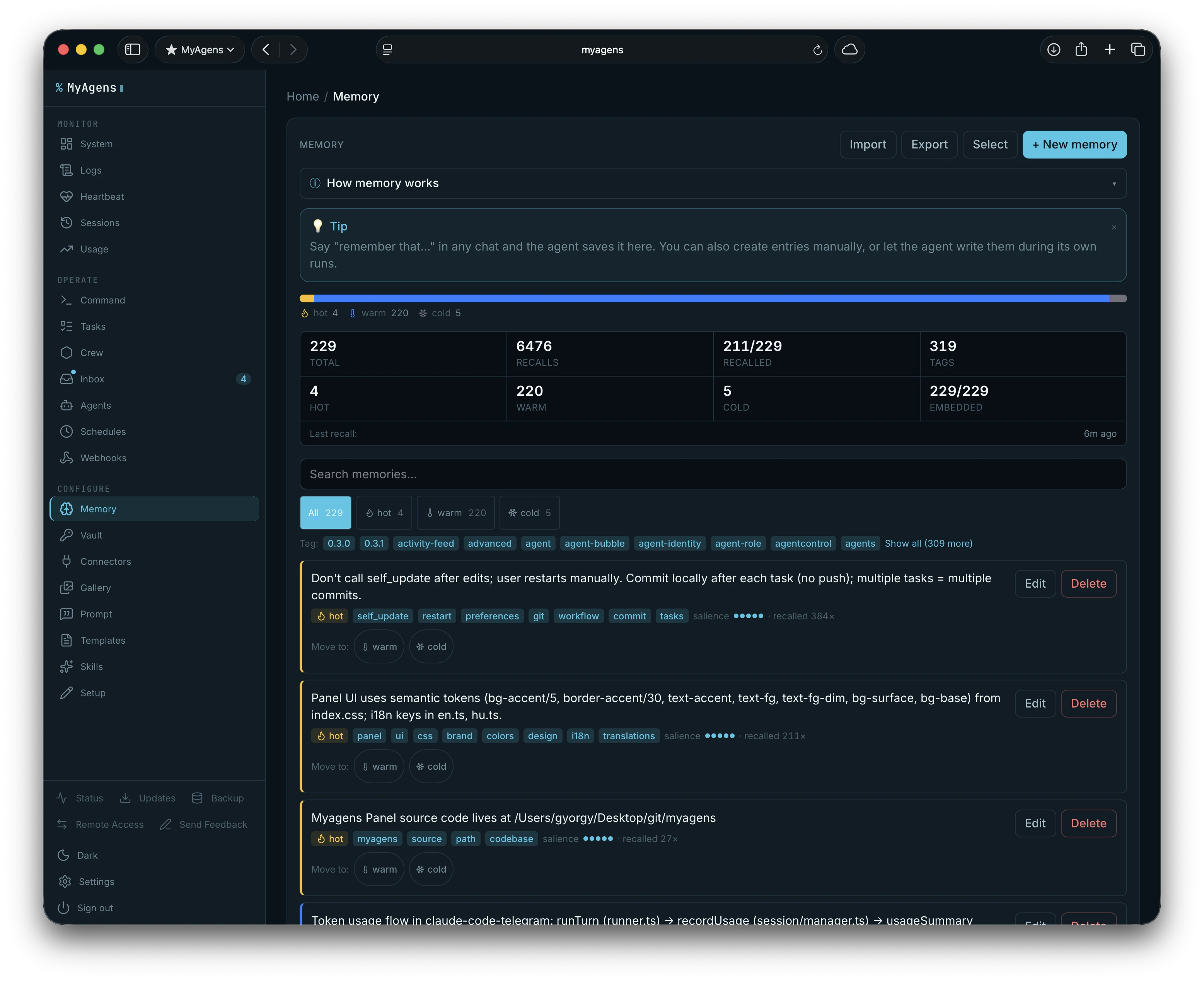 The Memory panel showing browsable, editable facts Atlas has learned across conversations, with hot/warm/cold tiers, recall counts, and tags