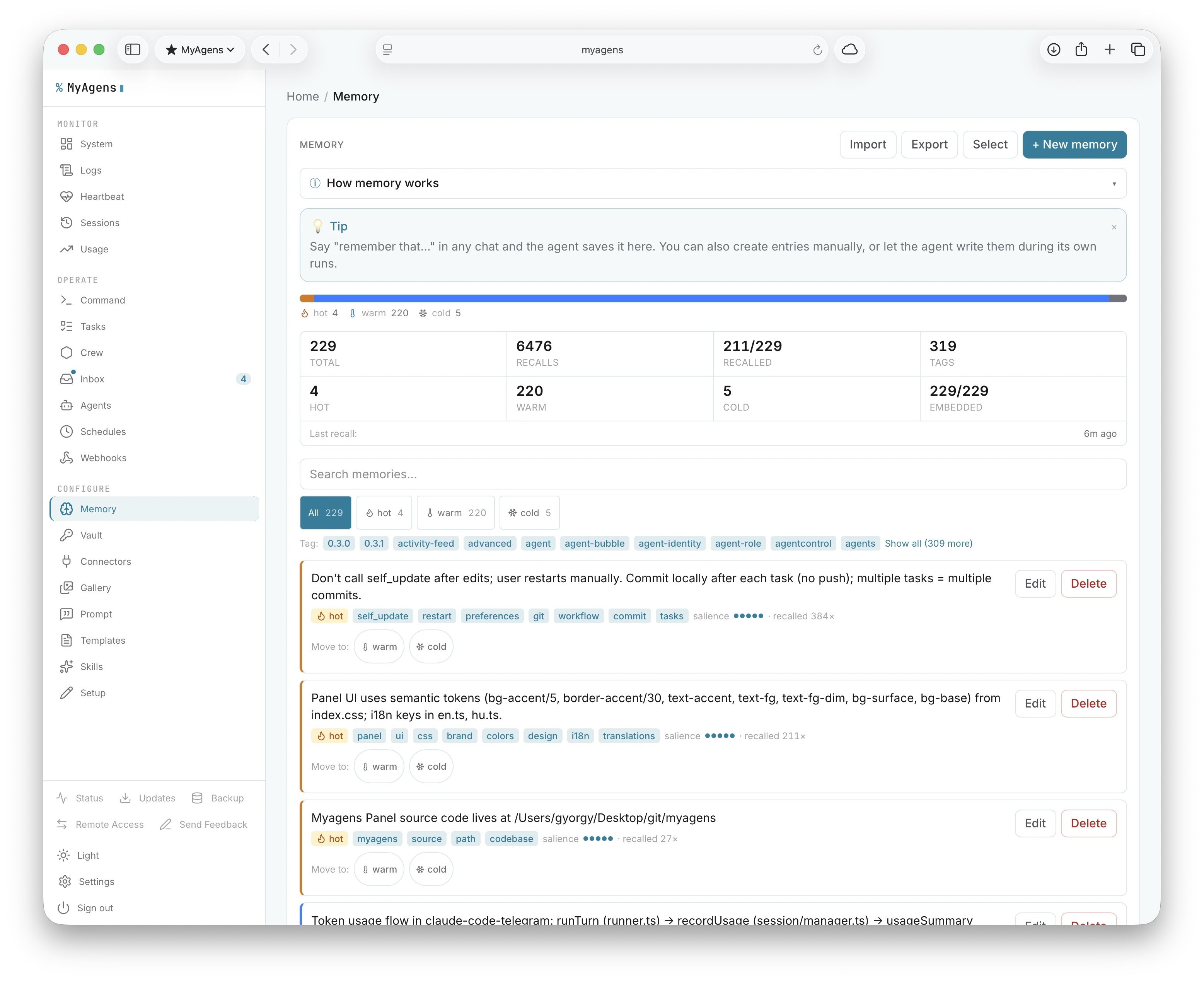 The Memory panel showing browsable, editable facts Atlas has learned across conversations, with hot/warm/cold tiers, recall counts, and tags
