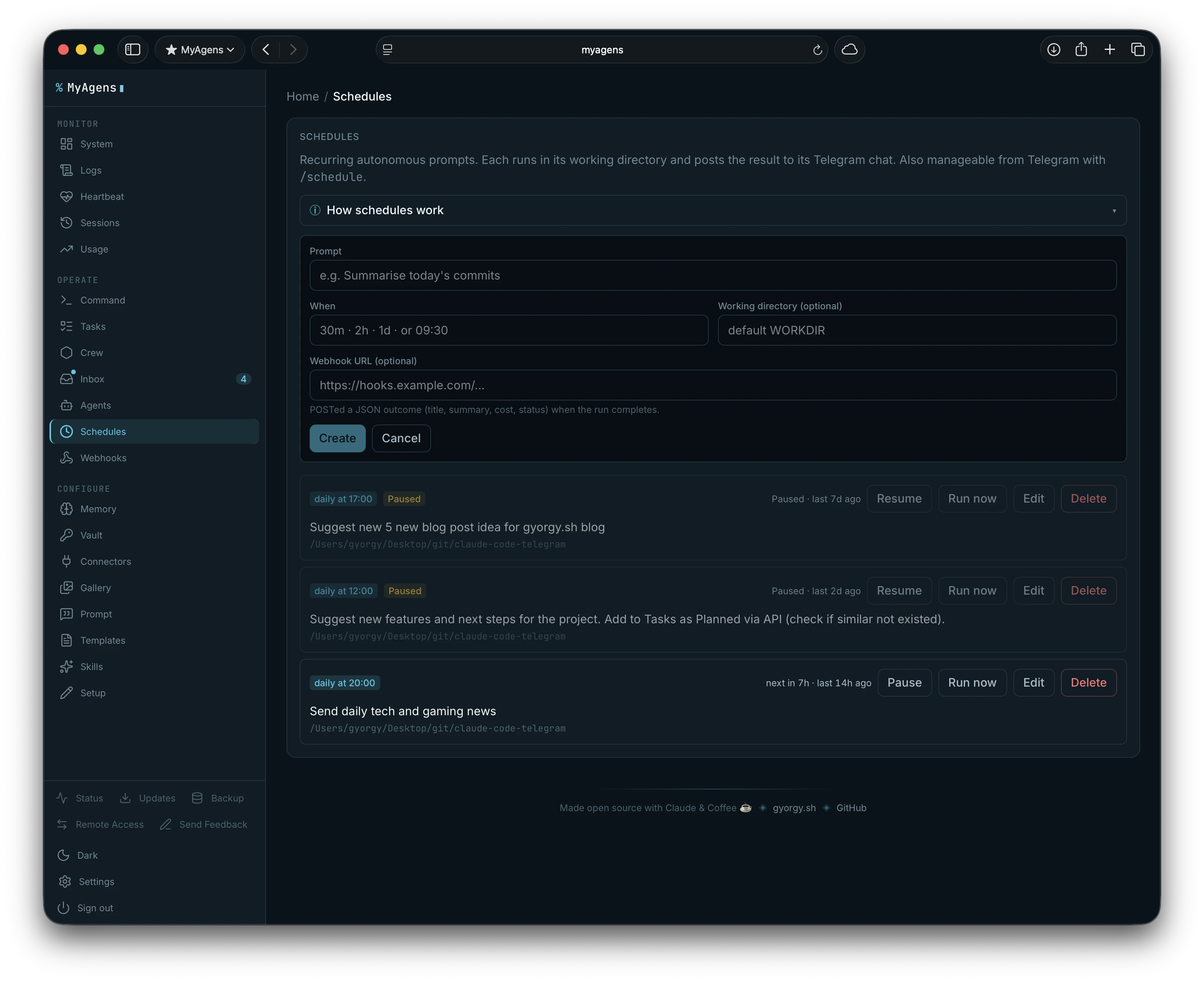 The Schedules panel with recurring autonomous prompts set to run daily at fixed times, each with its working directory and an optional webhook URL