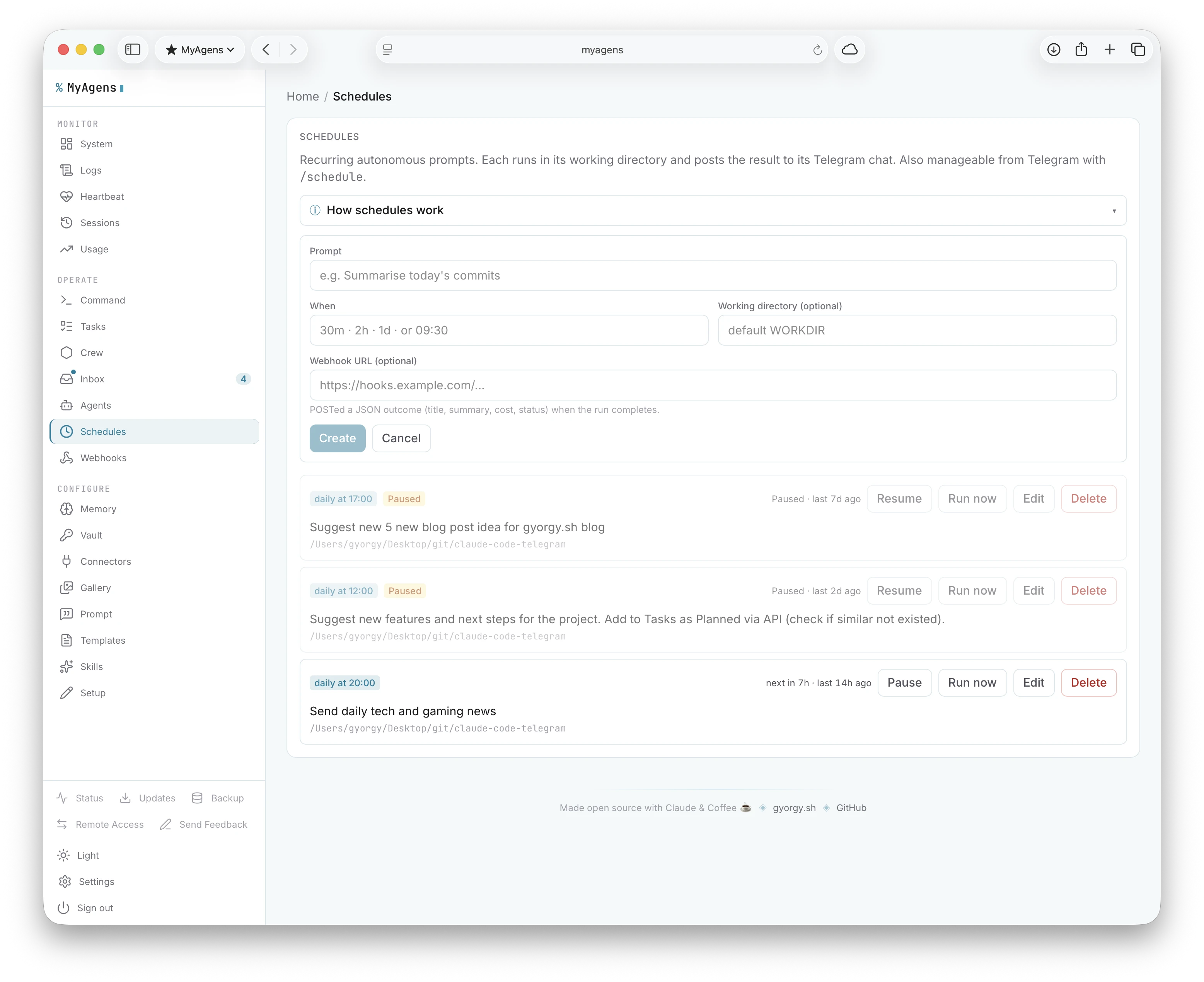 The Schedules panel with recurring autonomous prompts set to run daily at fixed times, each with its working directory and an optional webhook URL