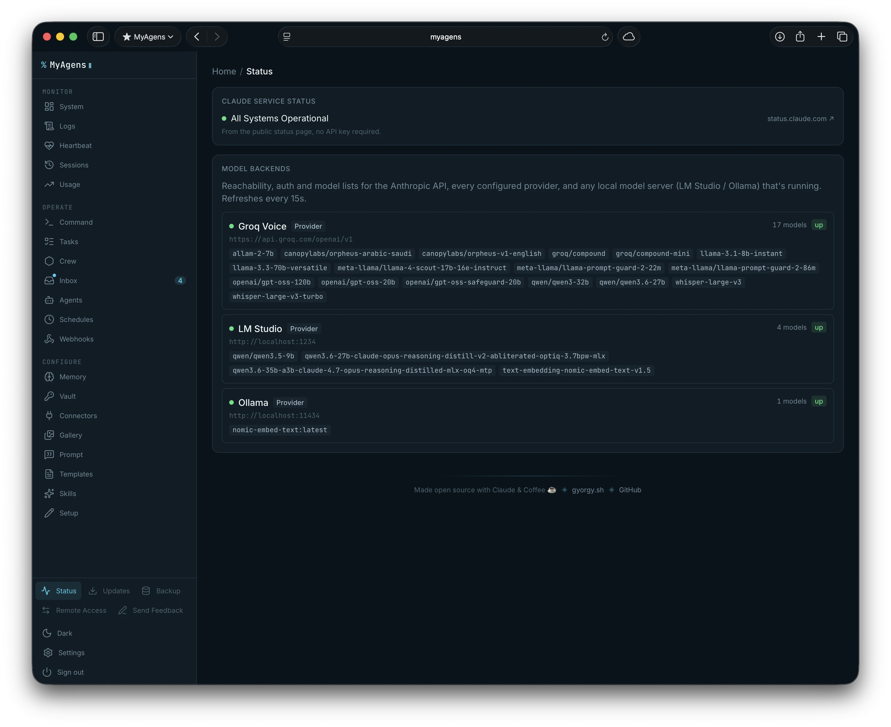 The Status panel showing the Claude service status and reachability, auth, and model lists for the Anthropic API and any local model server like LM Studio or Ollama