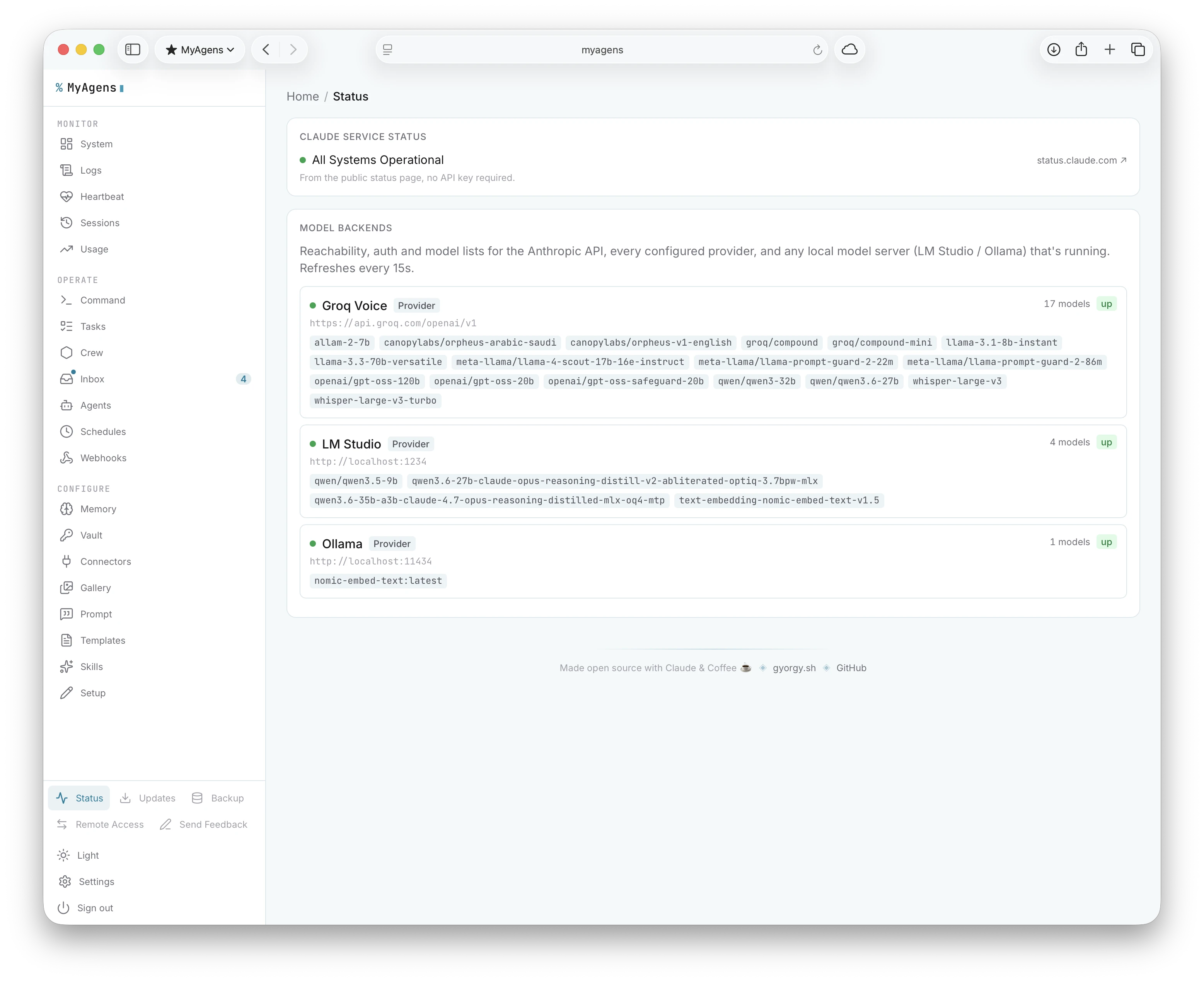 The Status panel showing the Claude service status and reachability, auth, and model lists for the Anthropic API and any local model server like LM Studio or Ollama