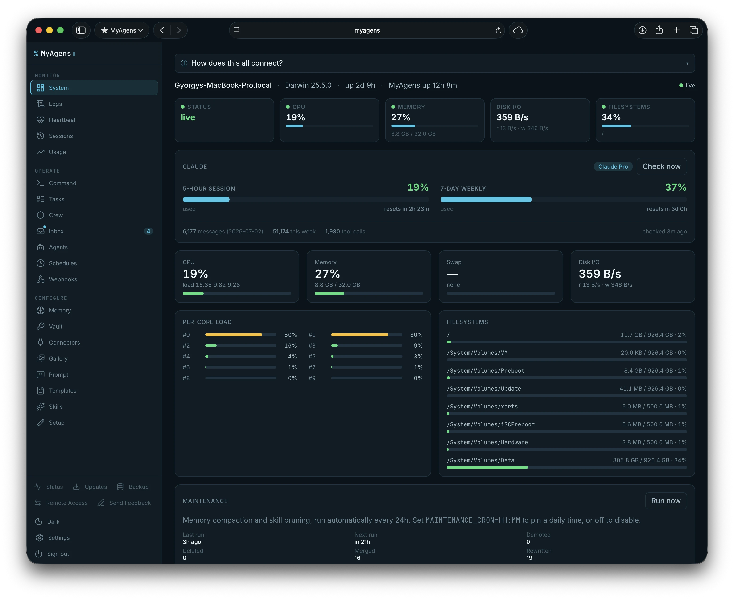The System panel with live CPU, memory, swap, disk IO, and per-core graphs, plus live Claude usage limits and the nightly maintenance window