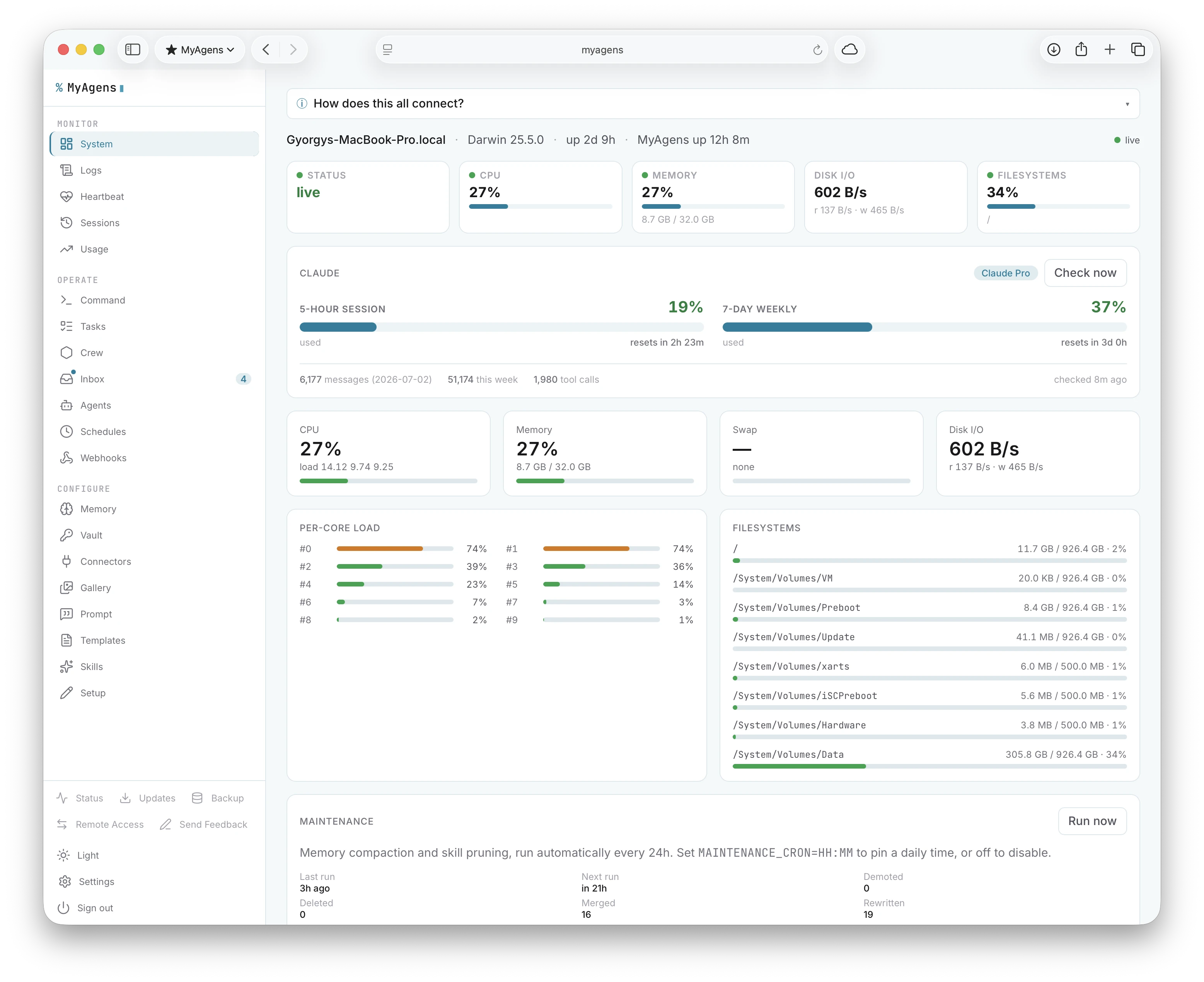 The System panel with live CPU, memory, swap, disk IO, and per-core graphs, plus live Claude usage limits and the nightly maintenance window
