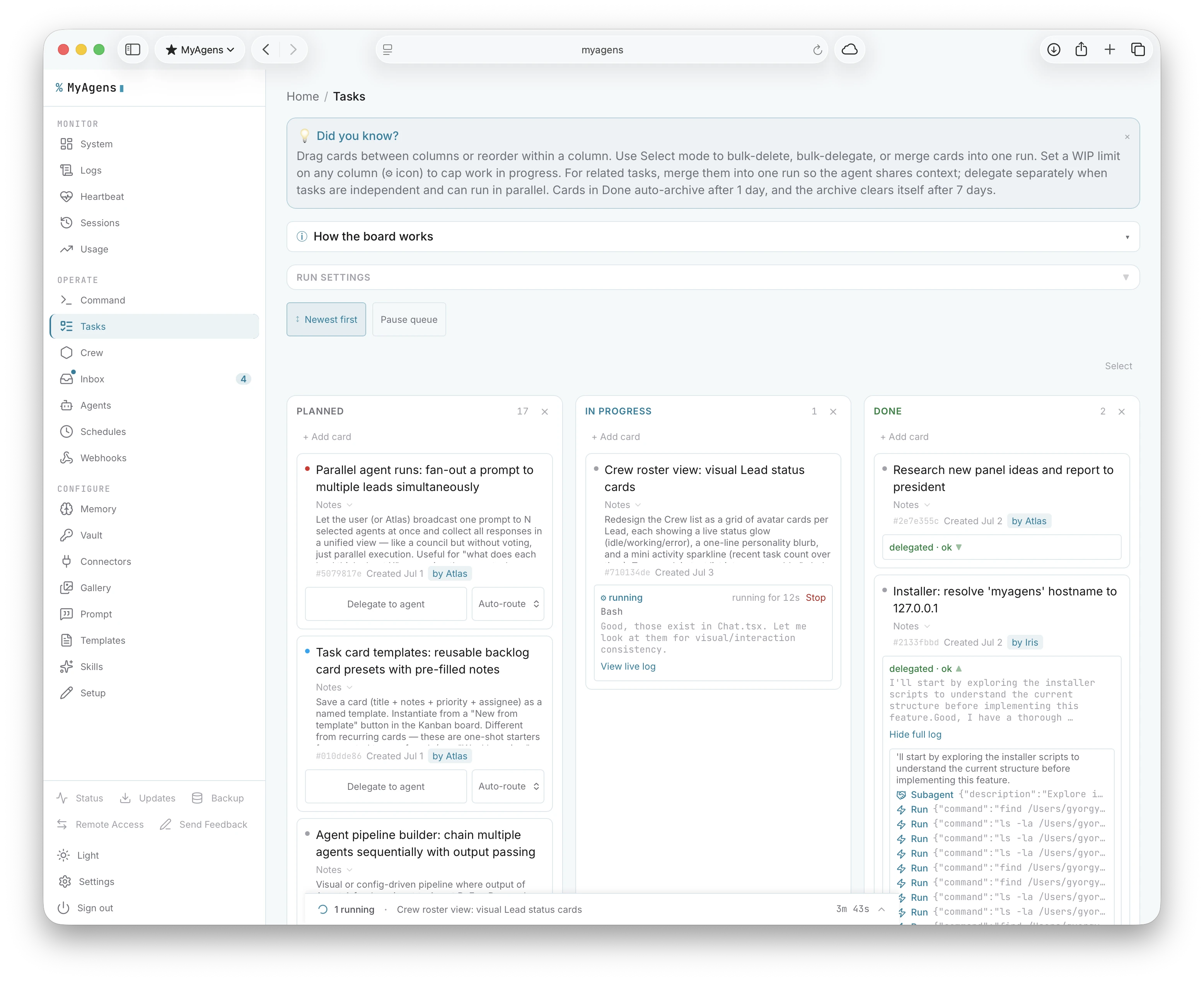 The Tasks Kanban board with planned, in progress, and done columns; an in-progress card streams its live run log as the delegated agent works