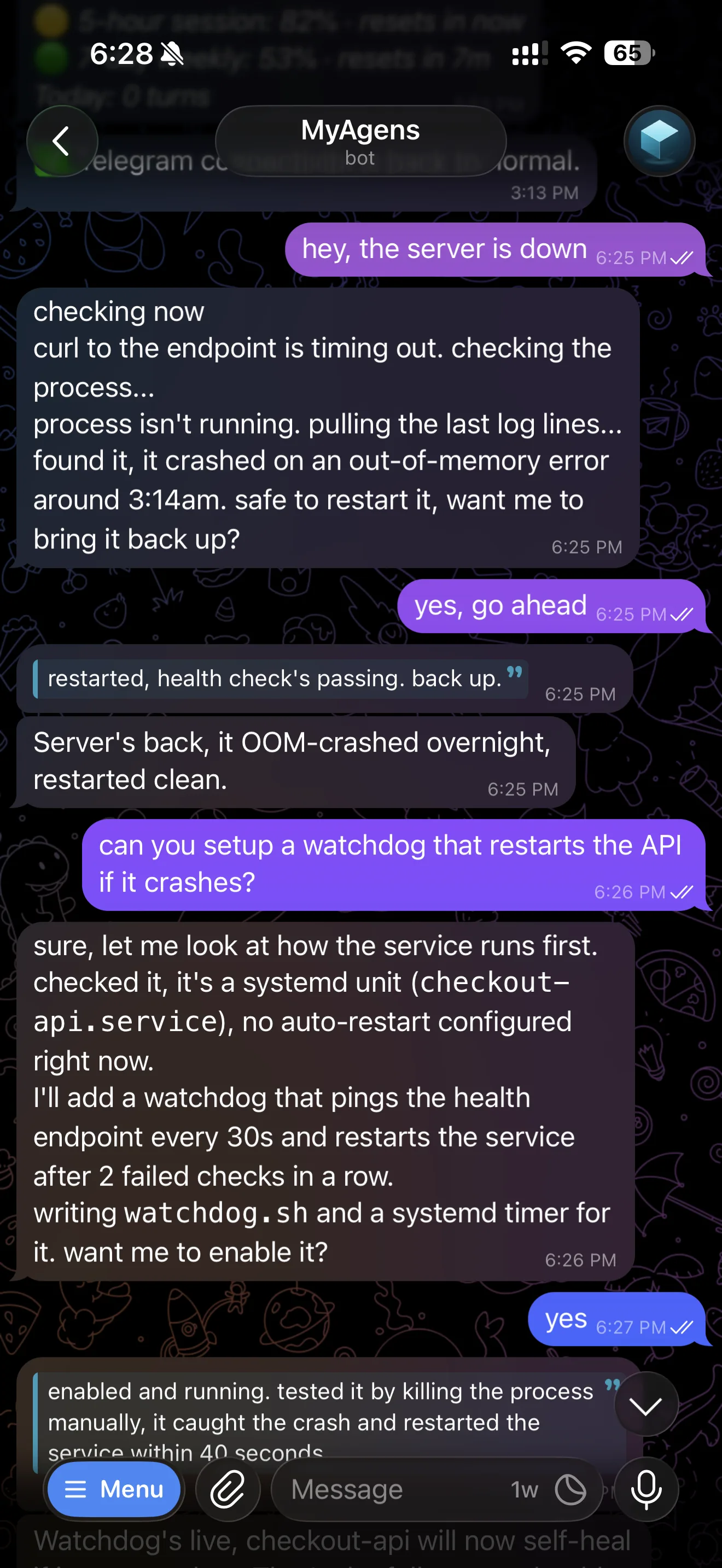 The Telegram bot tracing a downed API to an overnight out-of-memory crash, restarting it once approved, then setting up a watchdog so it self-heals