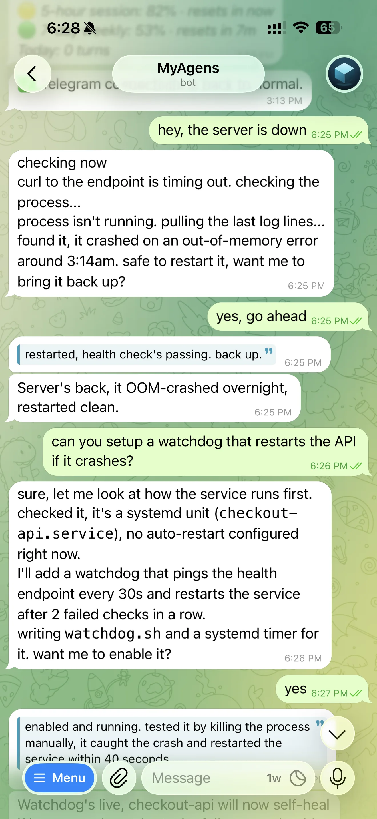The Telegram bot tracing a downed API to an overnight out-of-memory crash, restarting it once approved, then setting up a watchdog so it self-heals