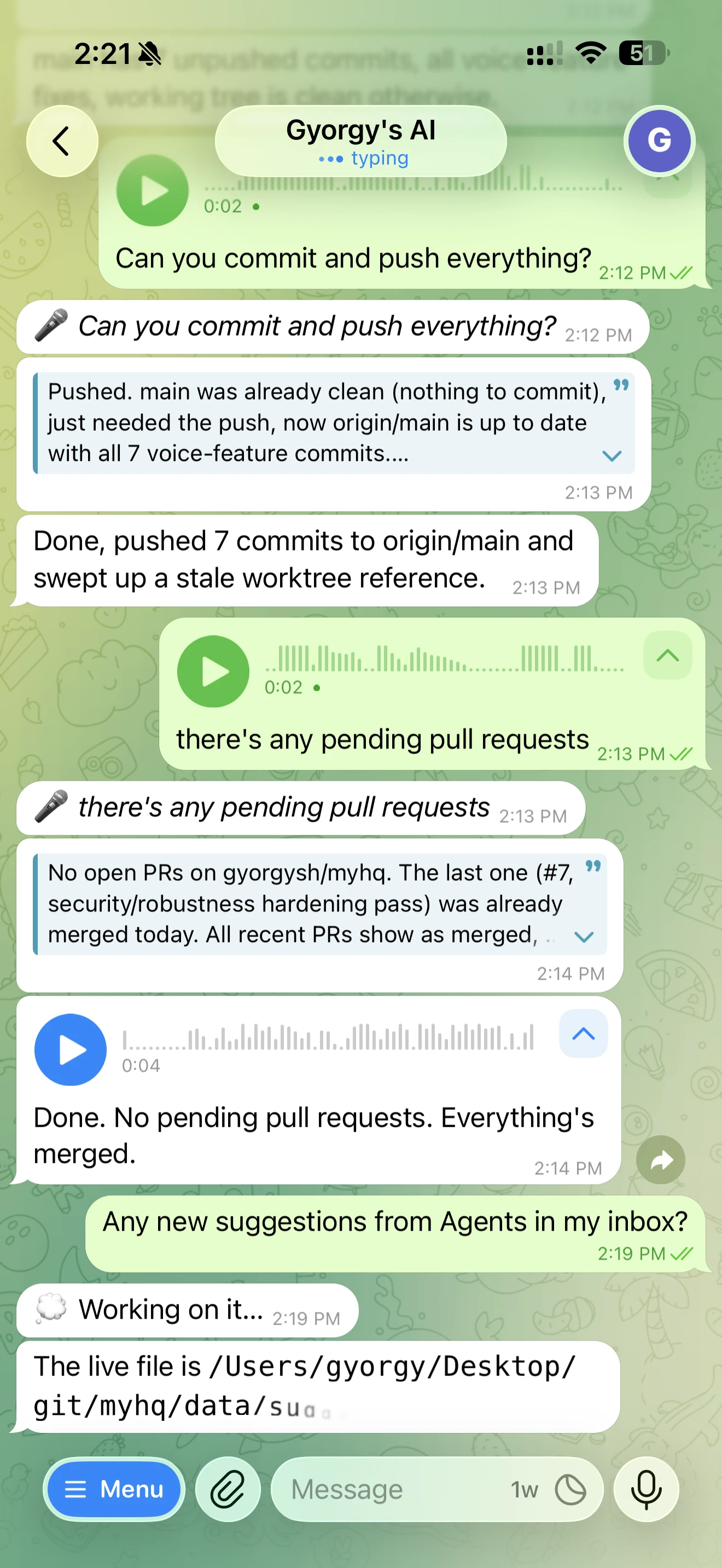 The MyAgens Telegram bot on a phone, answering a status request about a server