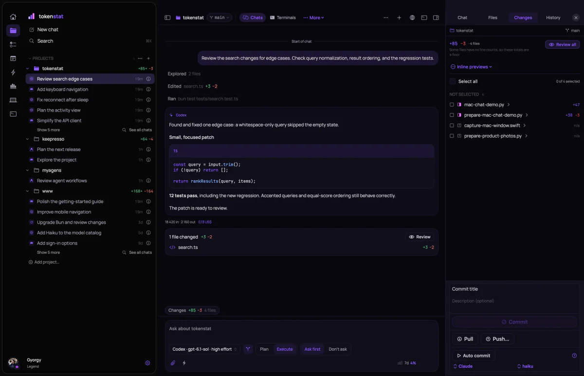 A chat with Codex in the tokenstat Mac app: the steps it explored, edited and ran, its reply with a code block, a changed-files card with a Review button, and the working tree with commit and push on the right