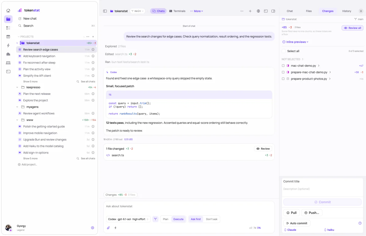 A chat with Codex in the tokenstat Mac app: the steps it explored, edited and ran, its reply with a code block, a changed-files card with a Review button, and the working tree with commit and push on the right