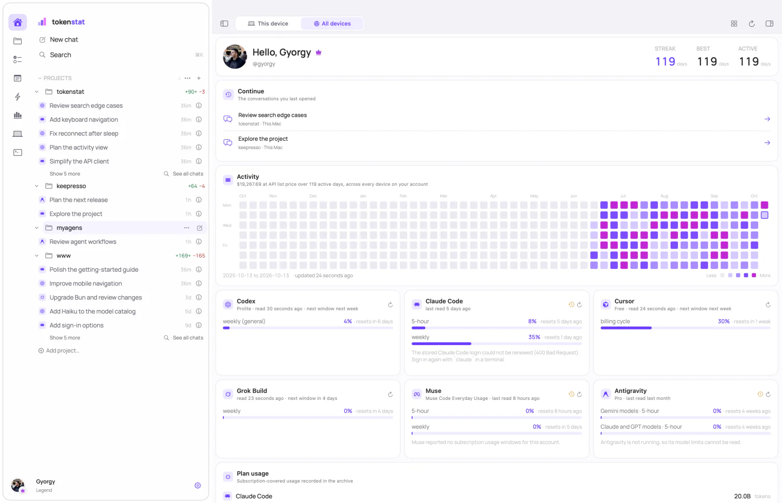 The tokenstat Mac app Home screen: streak counters, the conversations last opened, a year-long activity heatmap with the API list price of the period, and plan-limit cards for Codex, Claude Code, Cursor, Grok Build, Muse and Antigravity
