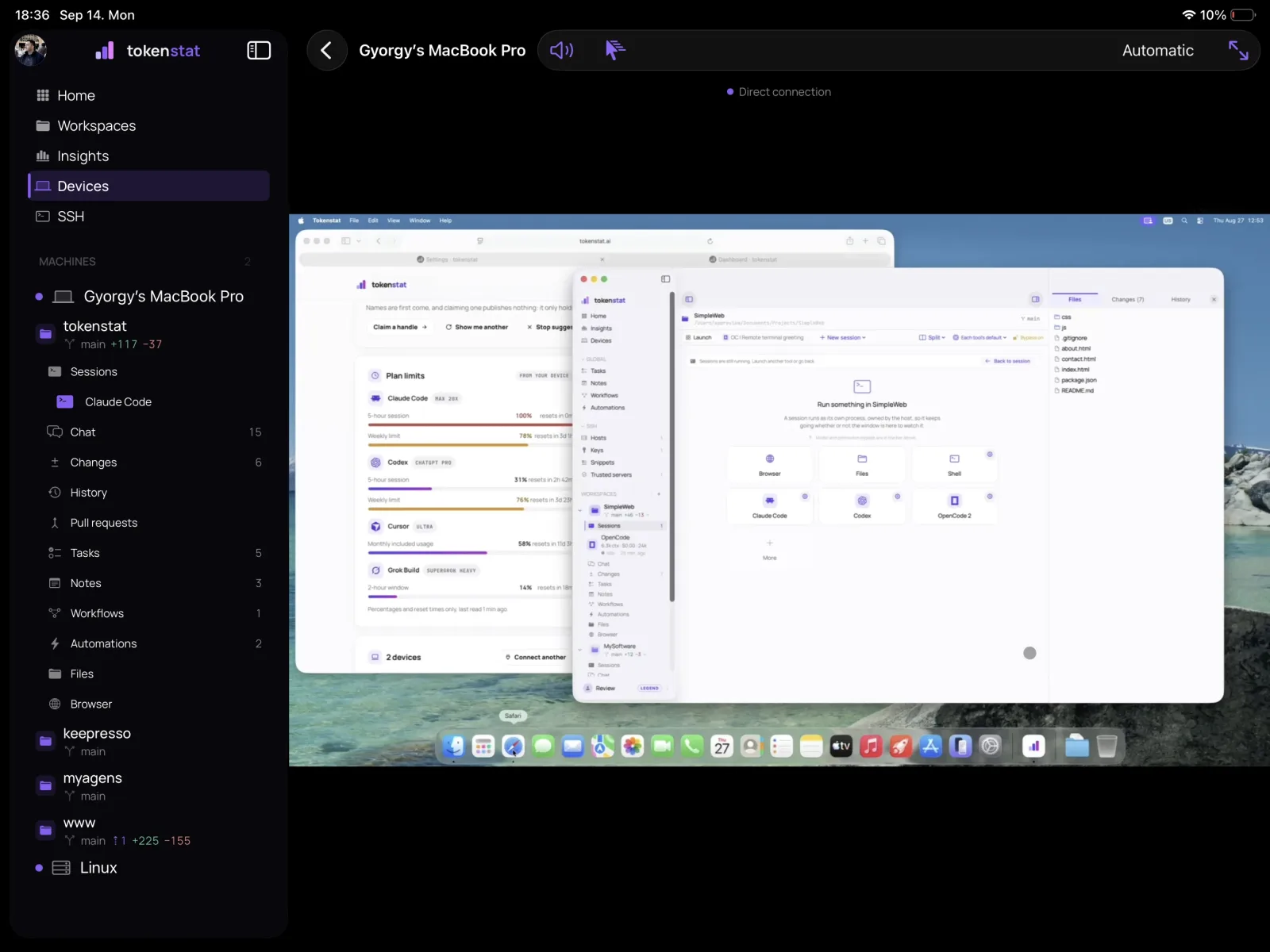 tokenstat on an iPad showing a MacBook Pro's desktop over a direct connection, with the machine's folders, sessions and chats listed in the sidebar