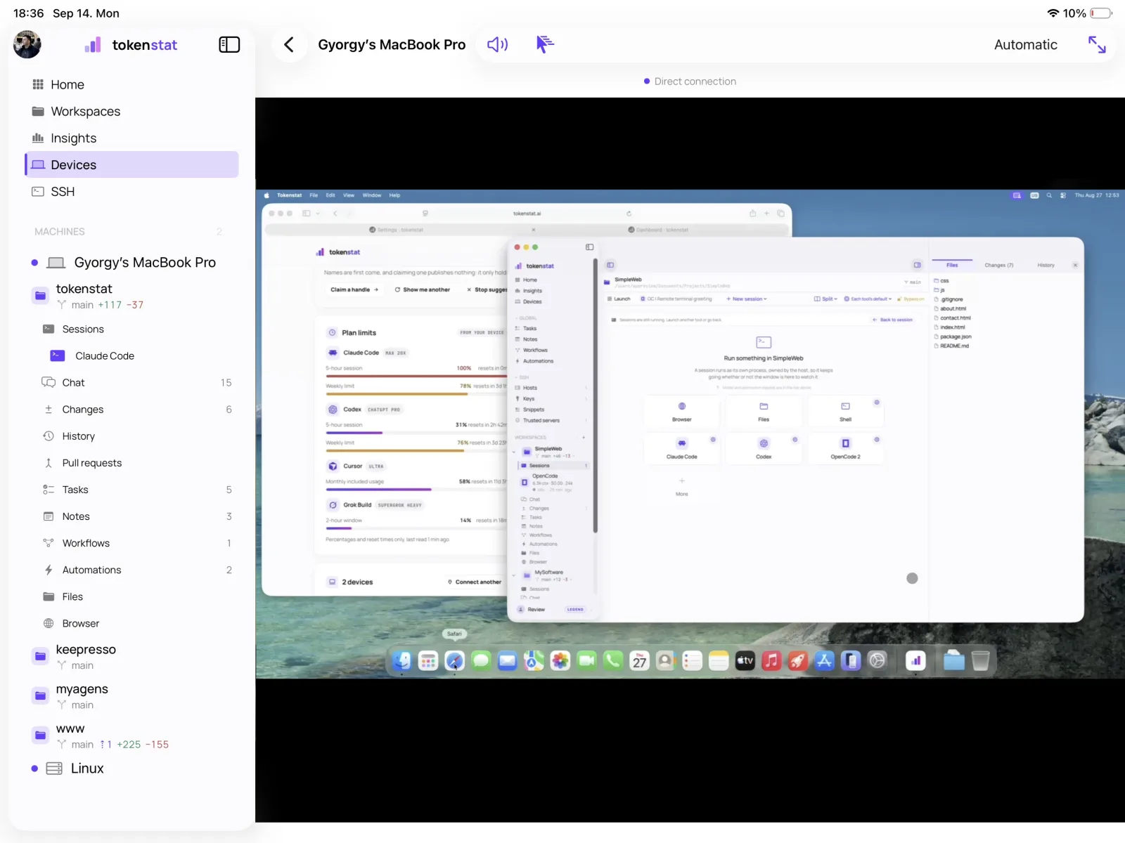 tokenstat on an iPad showing a MacBook Pro's desktop over a direct connection, with the machine's folders, sessions and chats listed in the sidebar
