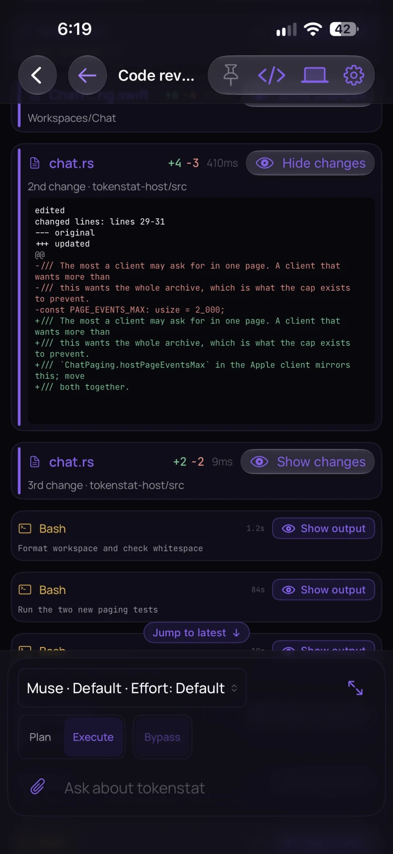 A chat on an iPhone in the Standard view: a file change card with its diff open, and Bash steps with their output folded
