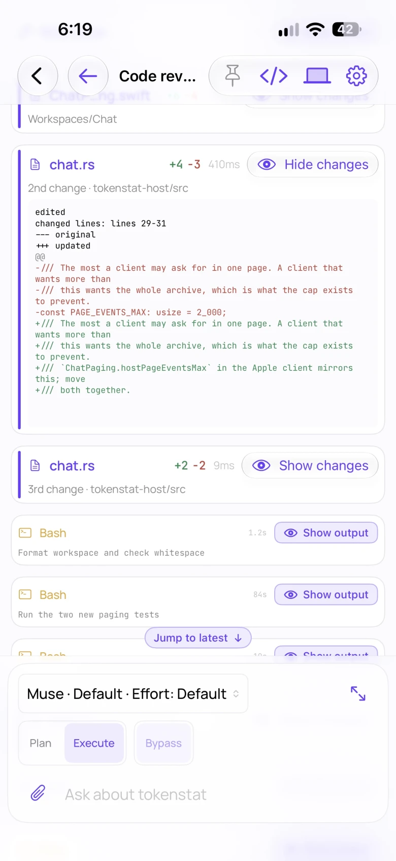 A chat on an iPhone in the Standard view: a file change card with its diff open, and Bash steps with their output folded