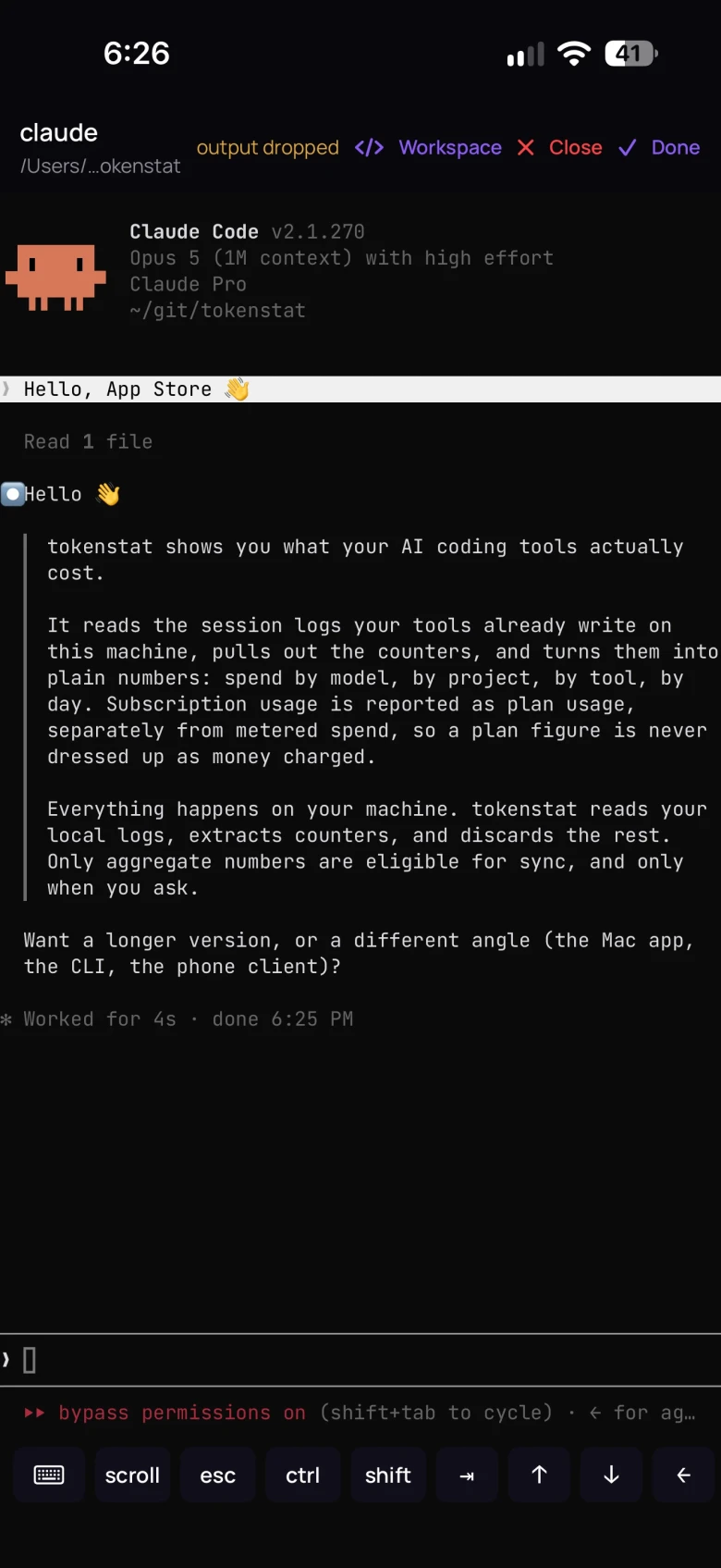 A live Claude Code terminal session on an iPhone, with a key bar for escape, control, shift, tab and the arrow keys