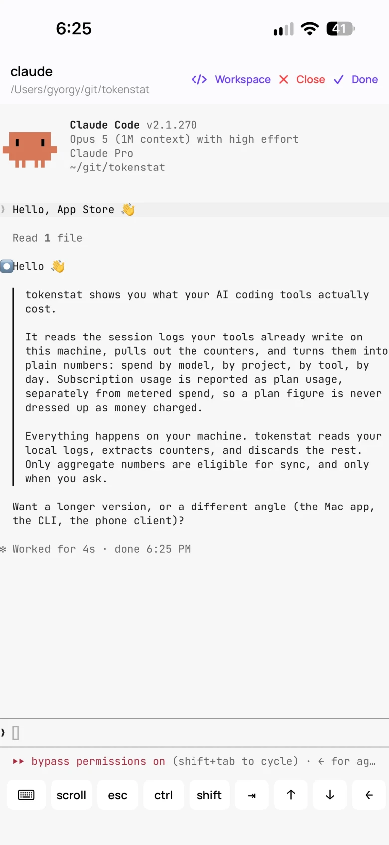 A live Claude Code terminal session on an iPhone, with a key bar for escape, control, shift, tab and the arrow keys