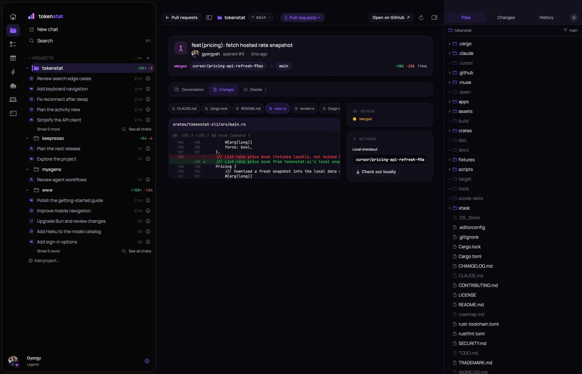 A merged pull request open in tokenstat: its title and branch, the changed files as tabs, a red and green diff of one file, and an action to check the branch out locally
